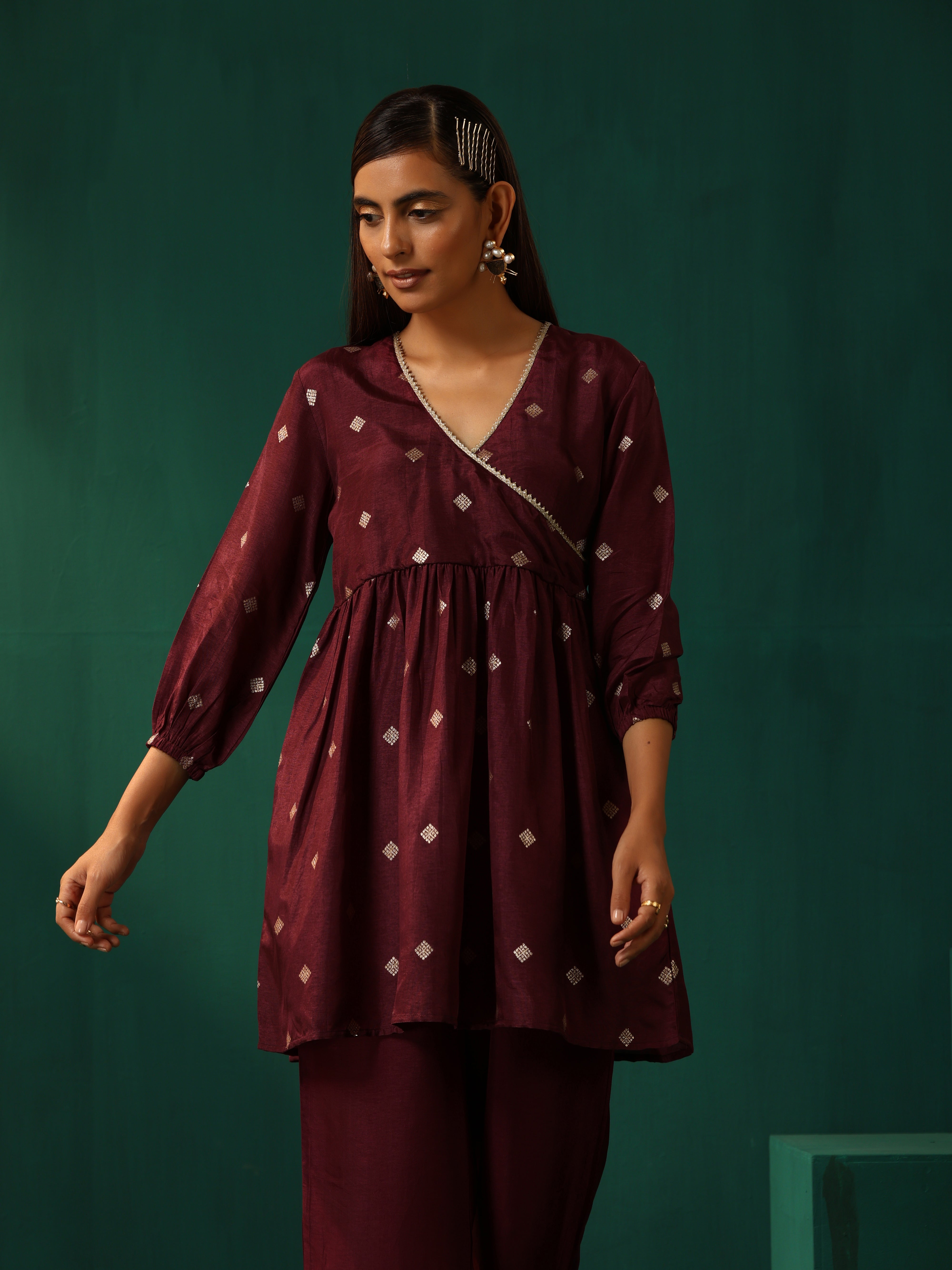 trueBrowns Wine Diamond Viscose Silk Overlap Co-ord Set