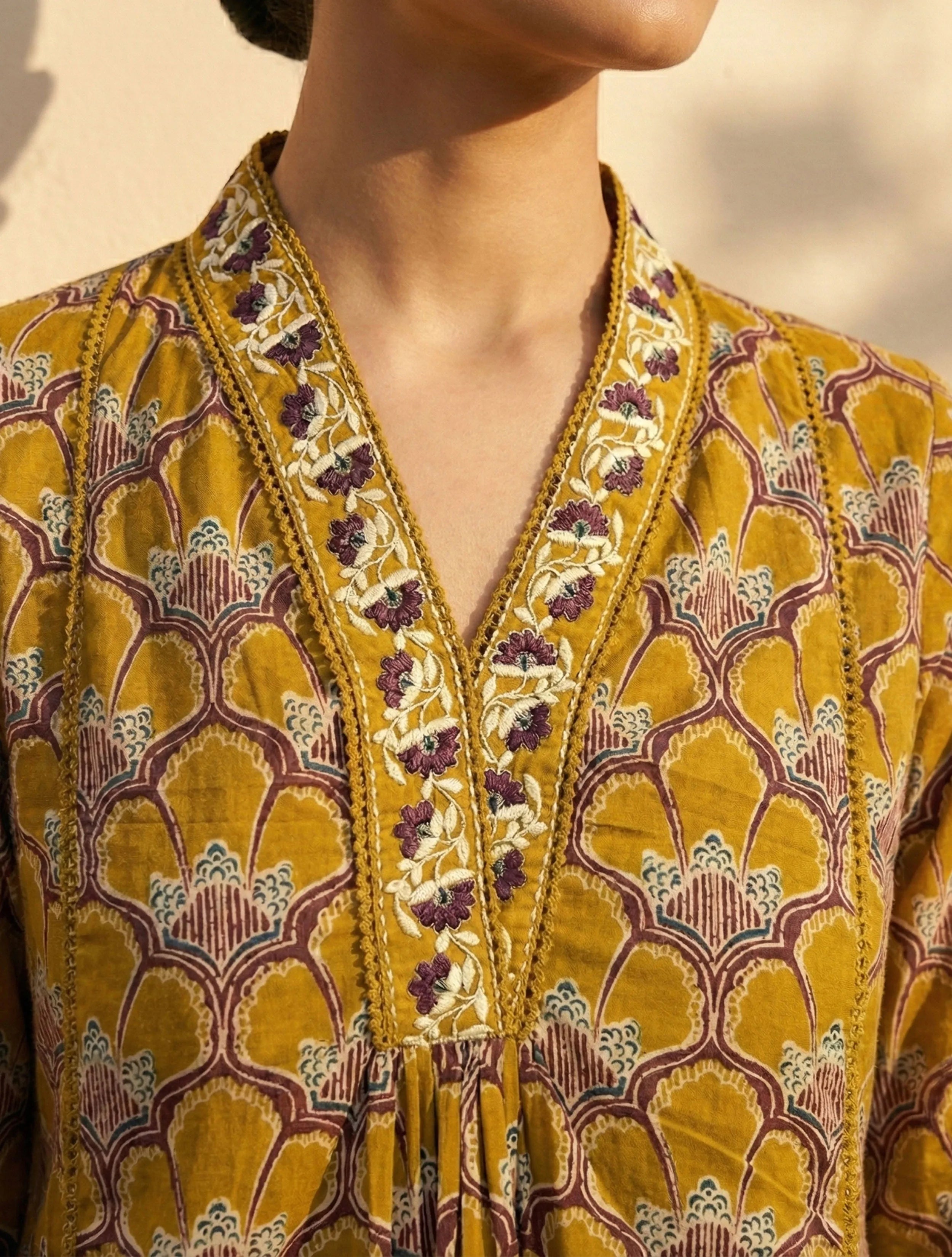 trueBrowns Mustard Floral Print V-Neck Anarkali Kurta Pant Dupatta Set
