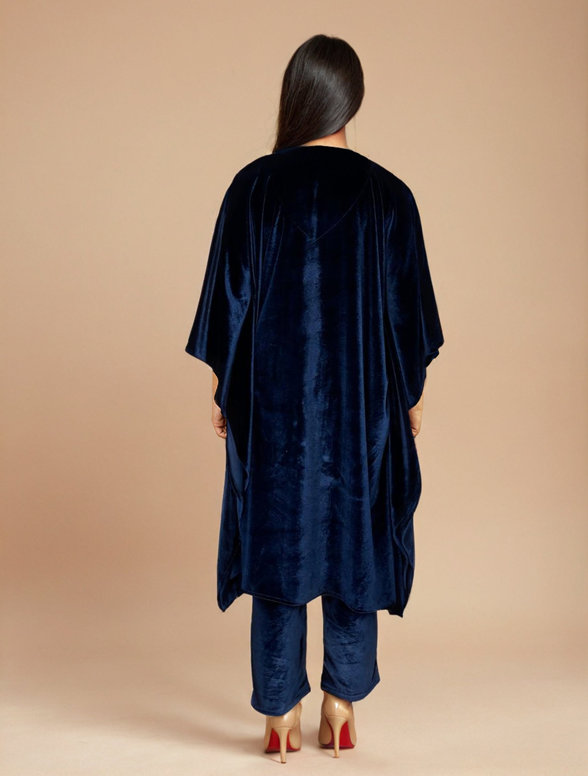 trueBrowns Navy Blue Velvet Embroidered Kaftan Kurta Set