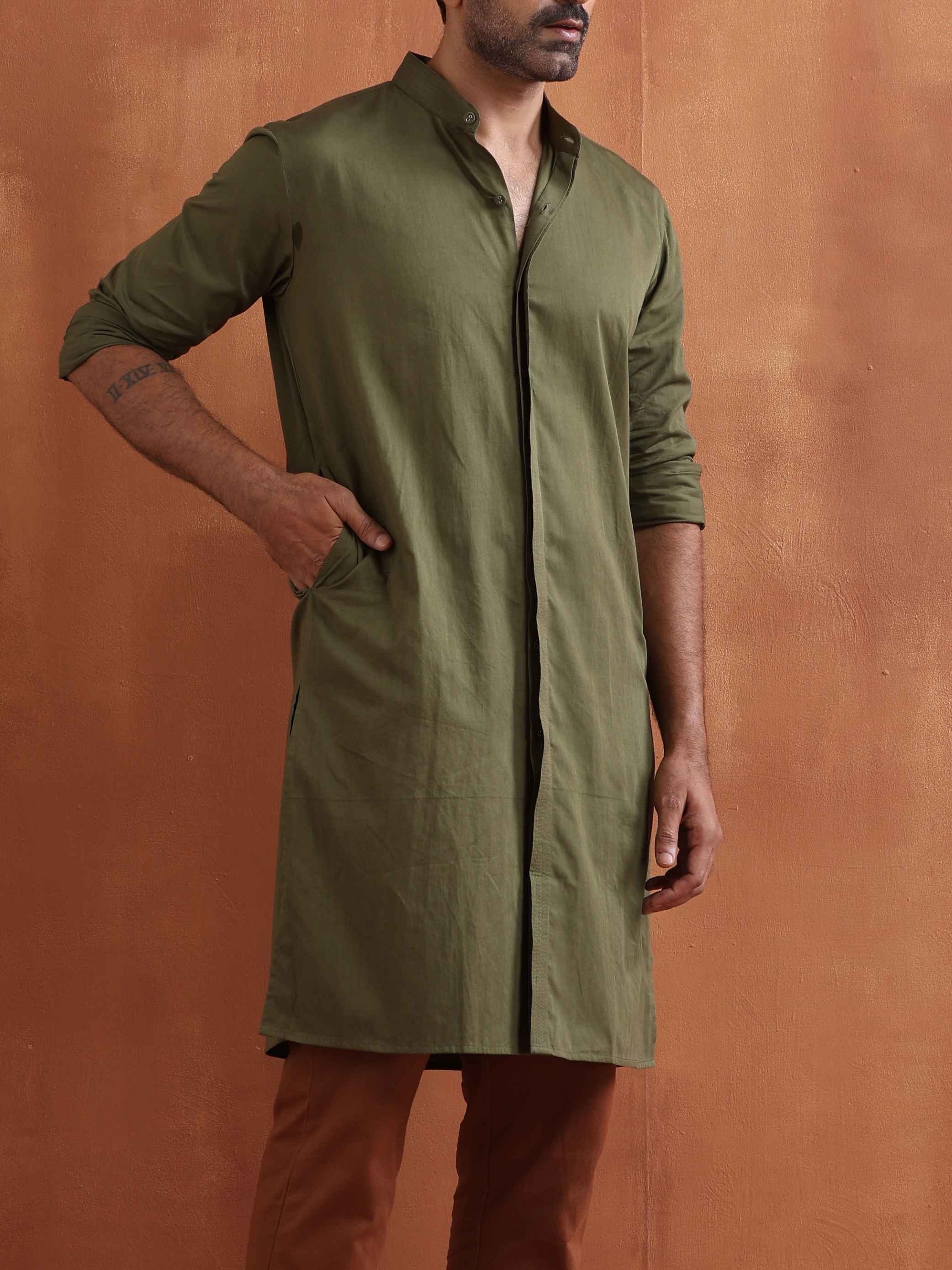 trueBrowns Men's Olive Green Cotton Front Open Kurta