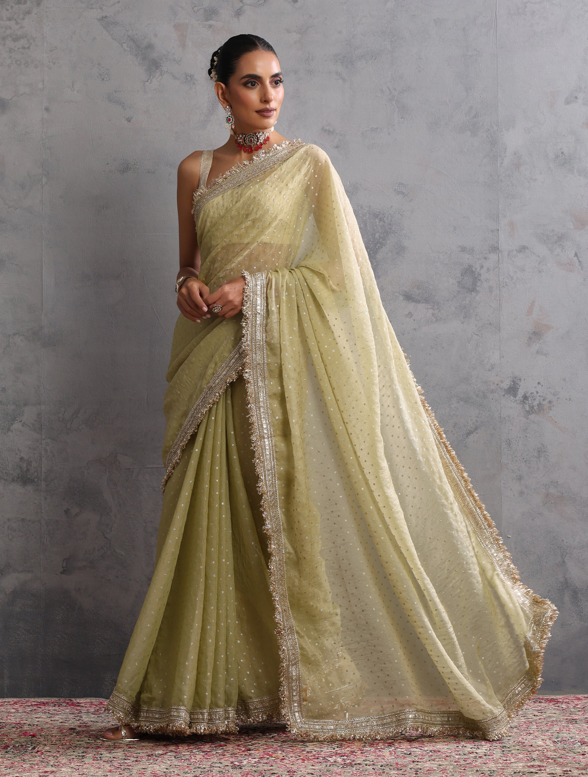 trueBrowns Light Green Tissue Foil Printed Saree With Unstitched Blouse