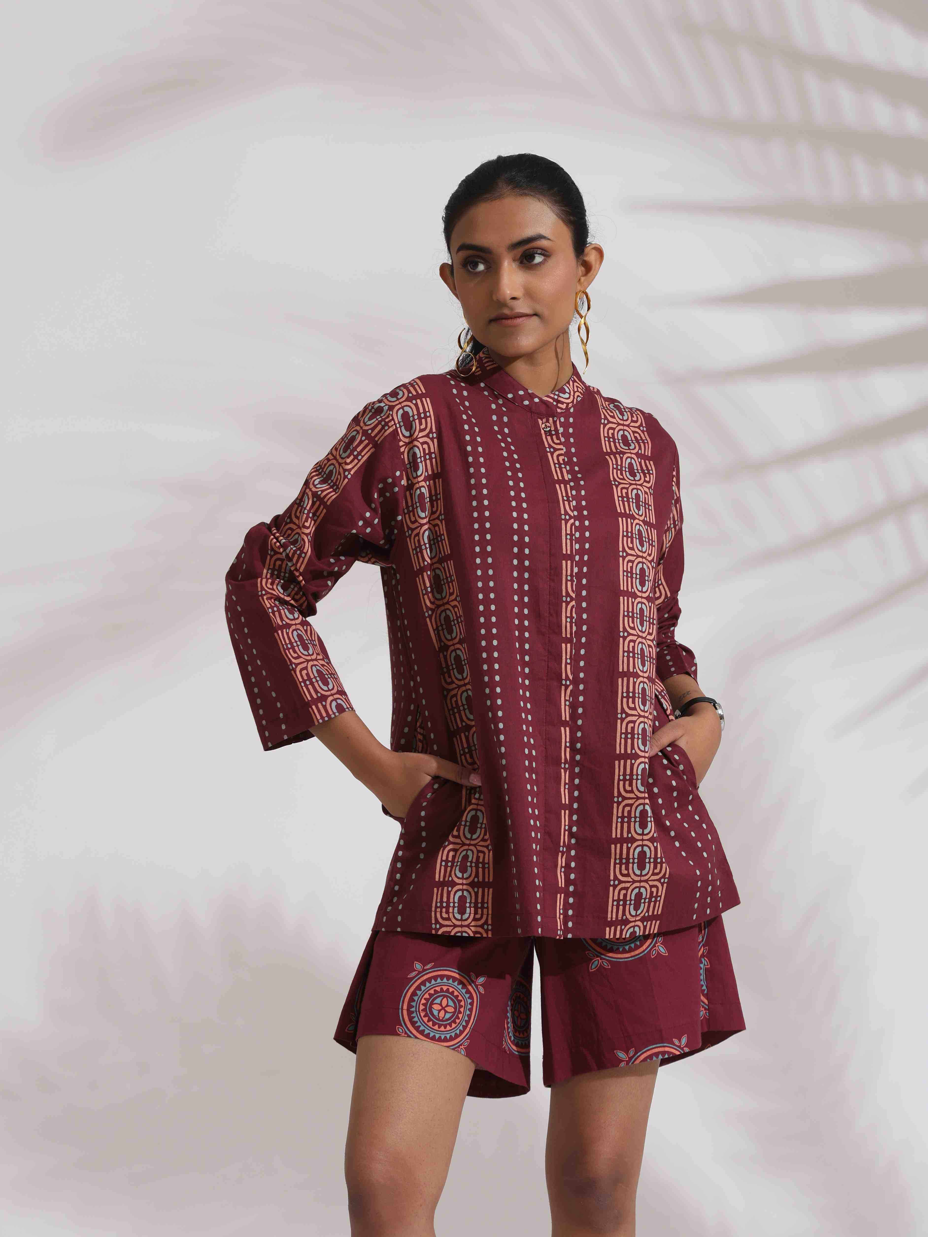 trueBrowns Purple Cotton Print Short Co-ord Set