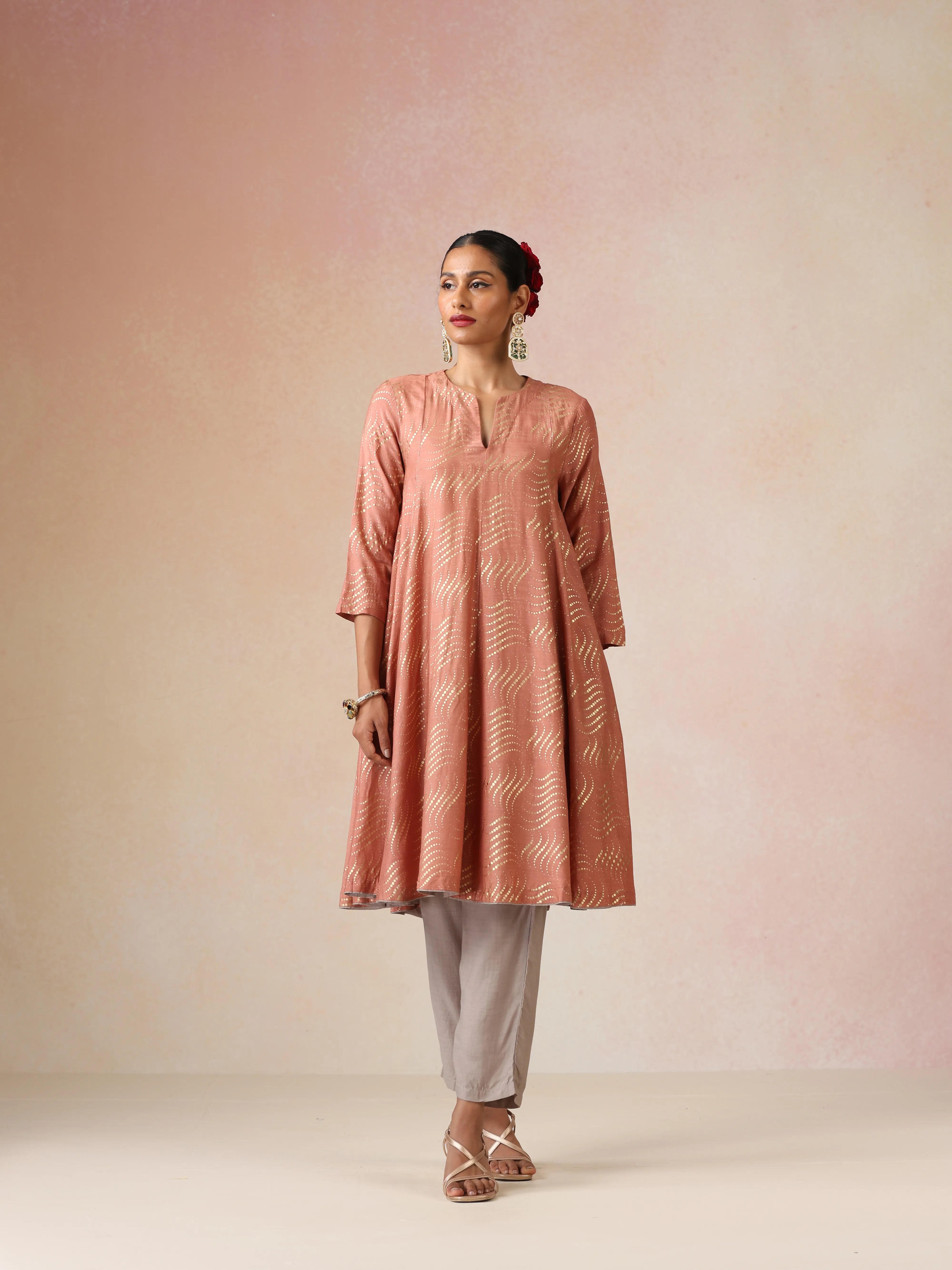 trueBrowns Peach Gold Foil Print Muslin Silk Flared Kurta Co-ord Set