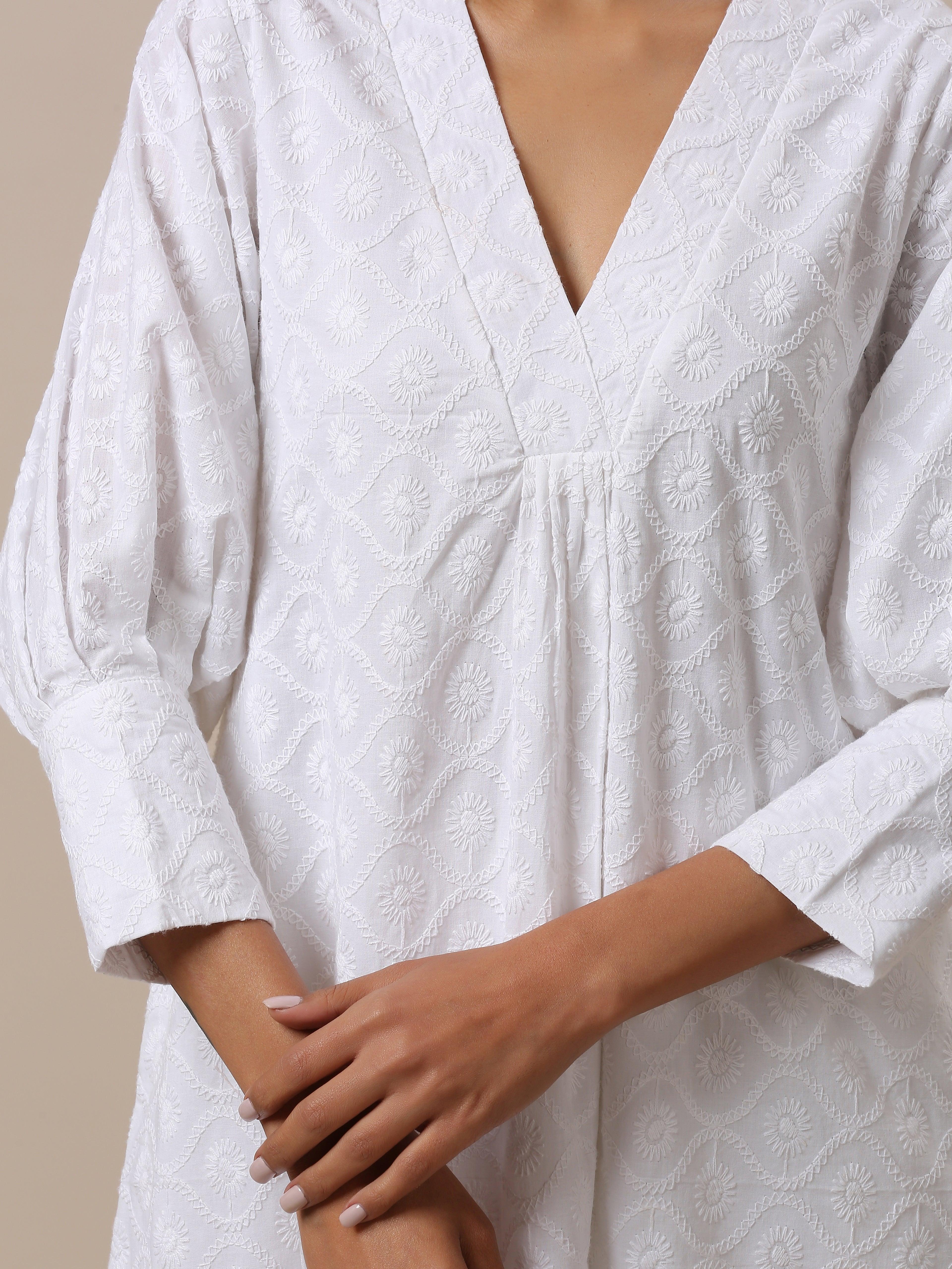 Cotton White Embroidered Slit Kurta Pant Set - trueBrowns