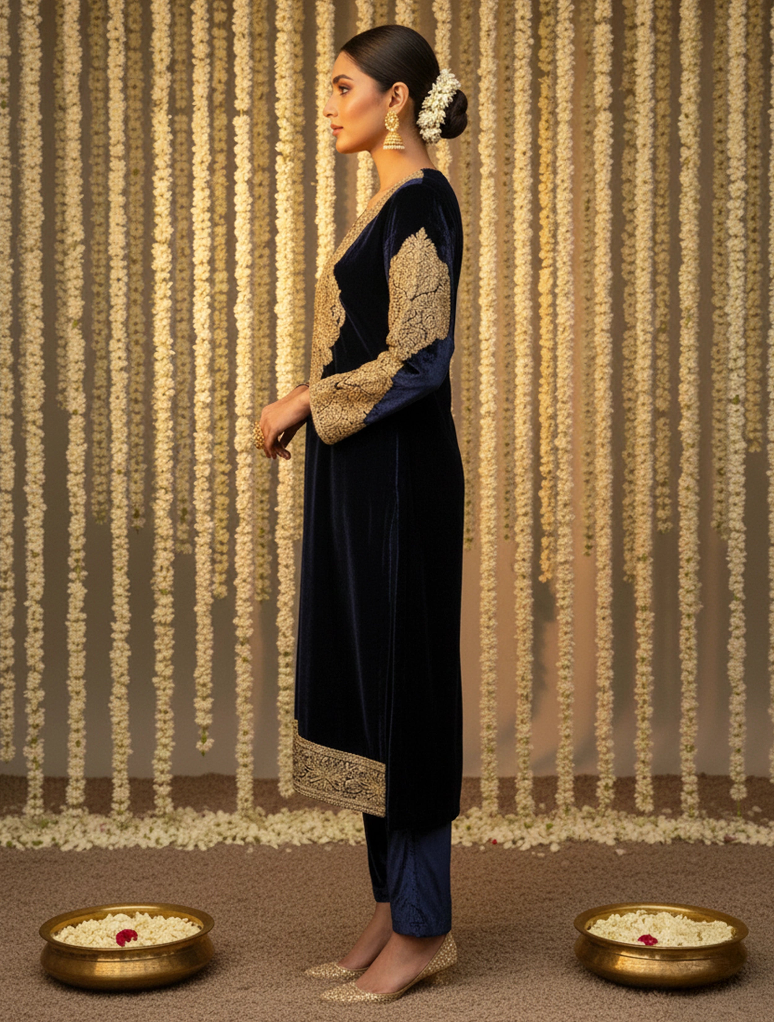 trueBrowns Navy Velvet Embroidered Chogha Pants Dupatta Set