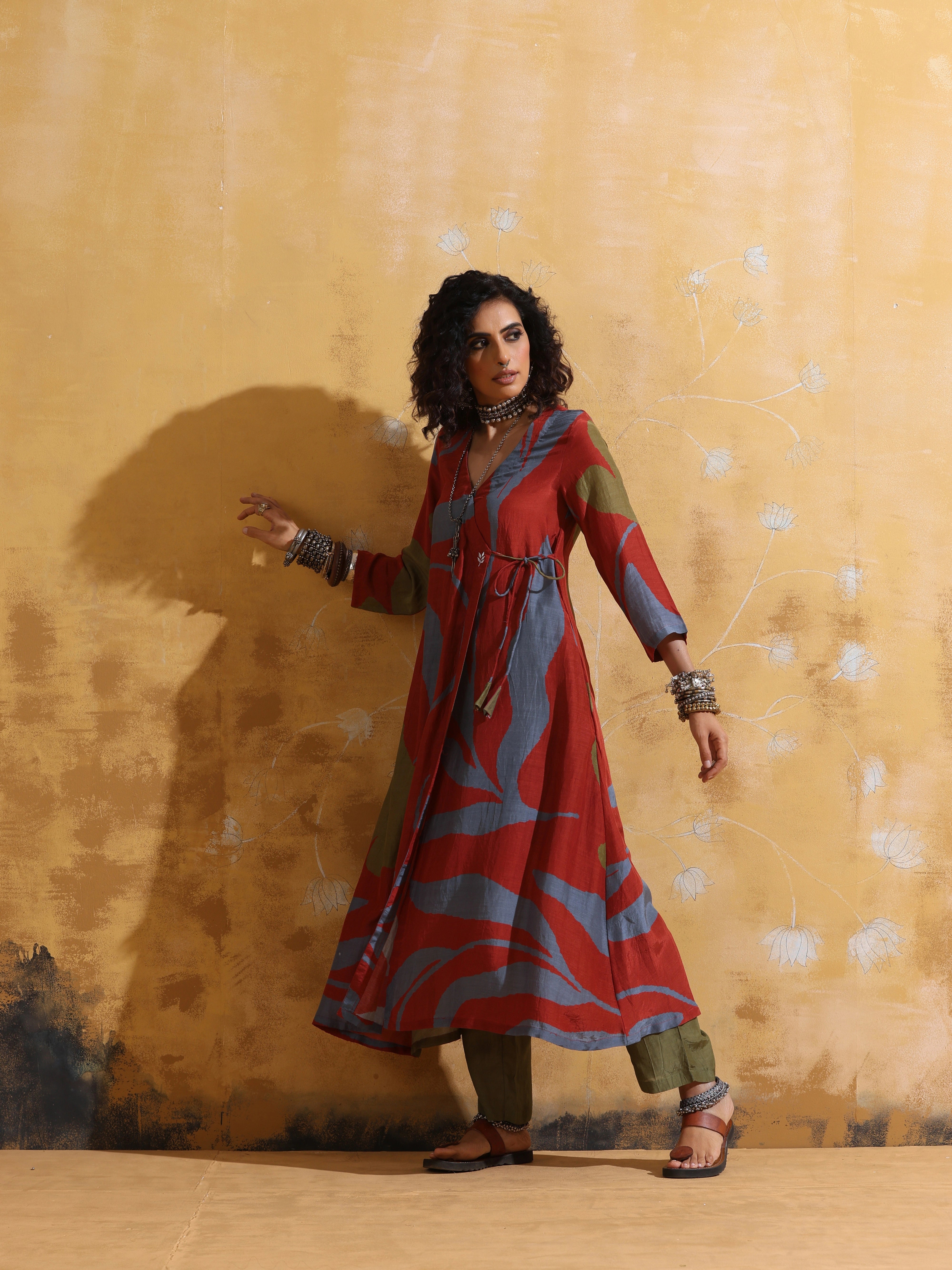 trueBrowns Rust Red Green Floral Print Muslin Silk Angrakha Kurta Set