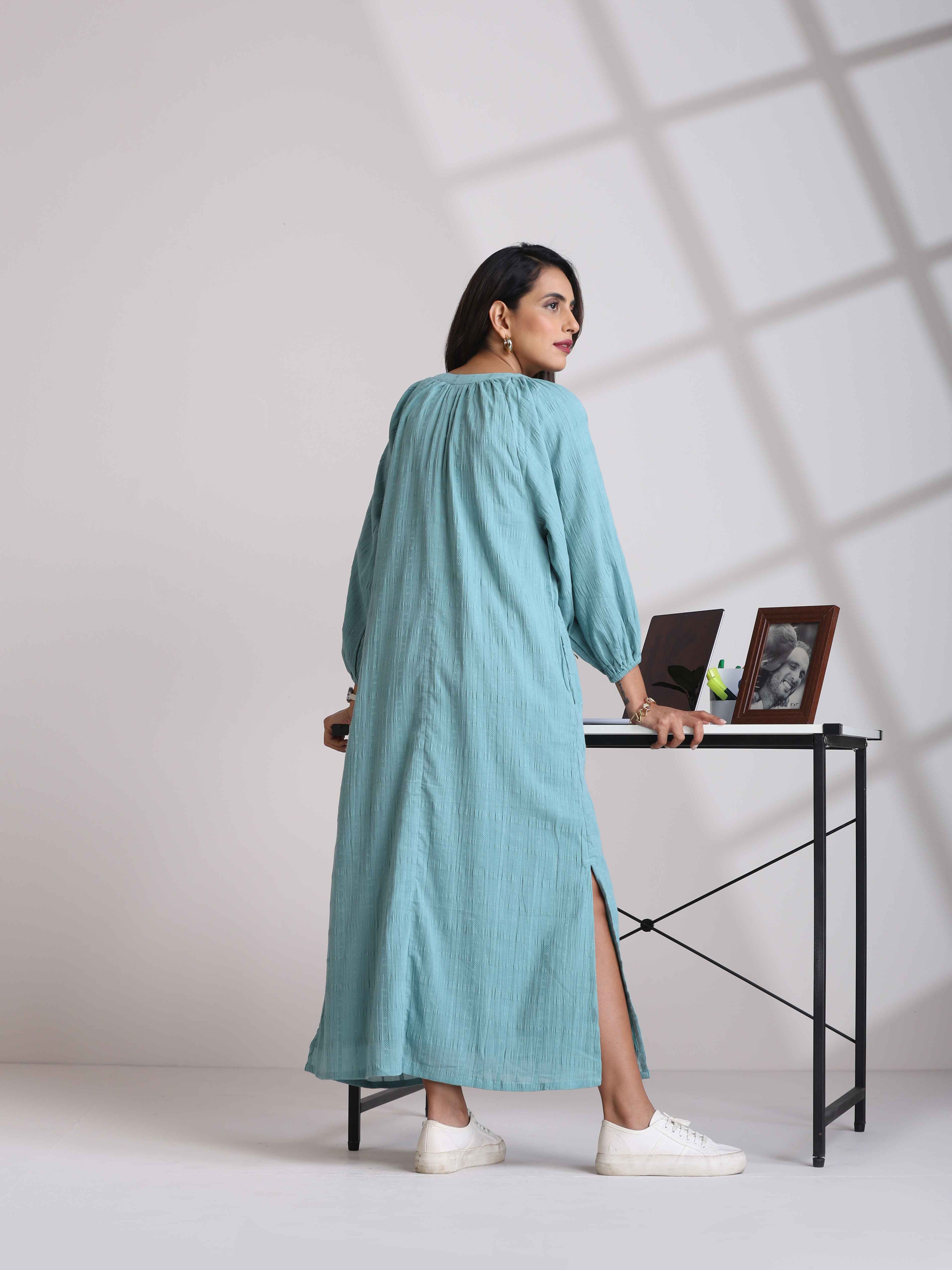 trueBrowns Aqua Blue Cotton Dobby Dress