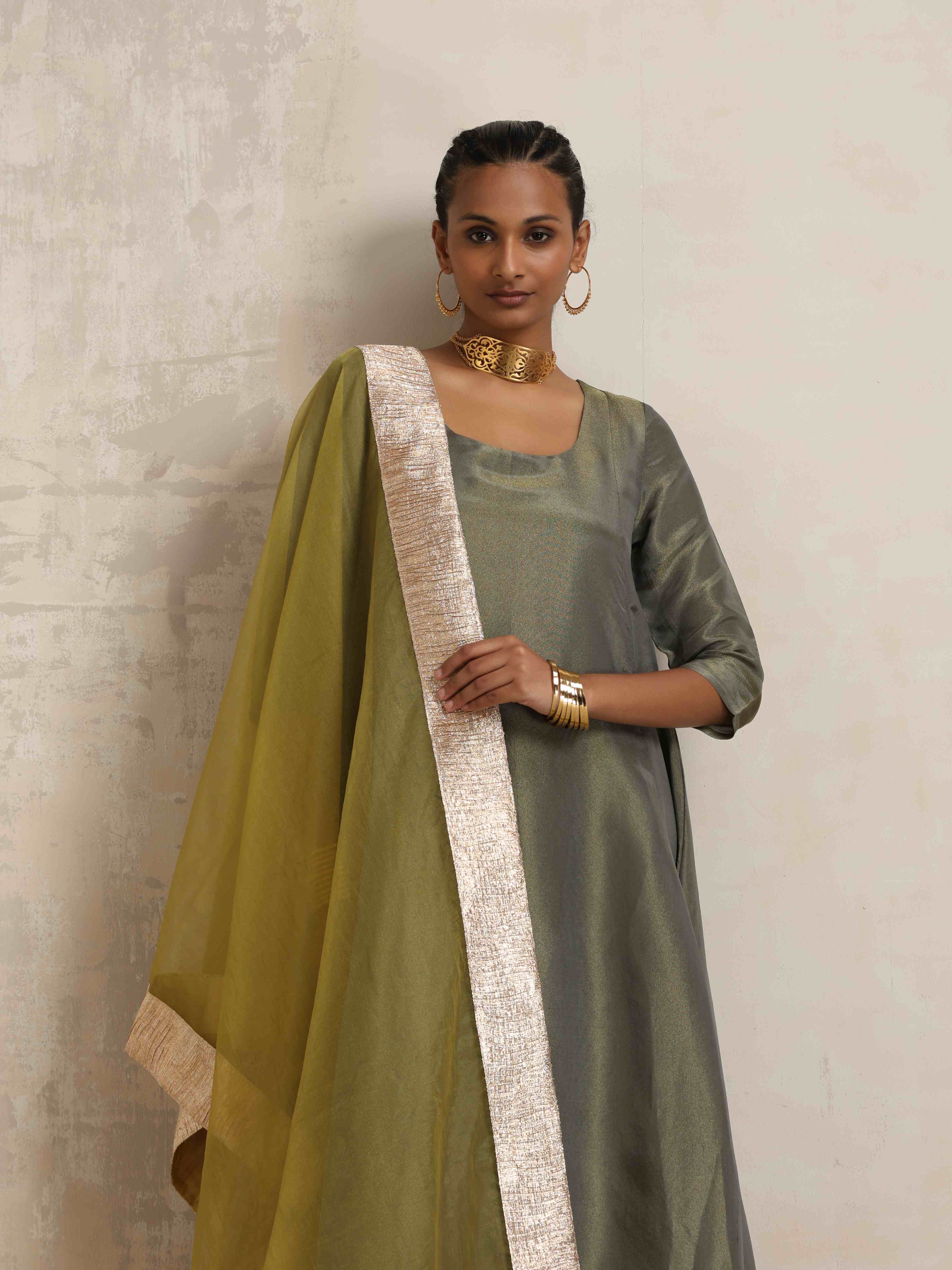 trueBrowns Green Tissue Anarkali Kurta Dupatta Set