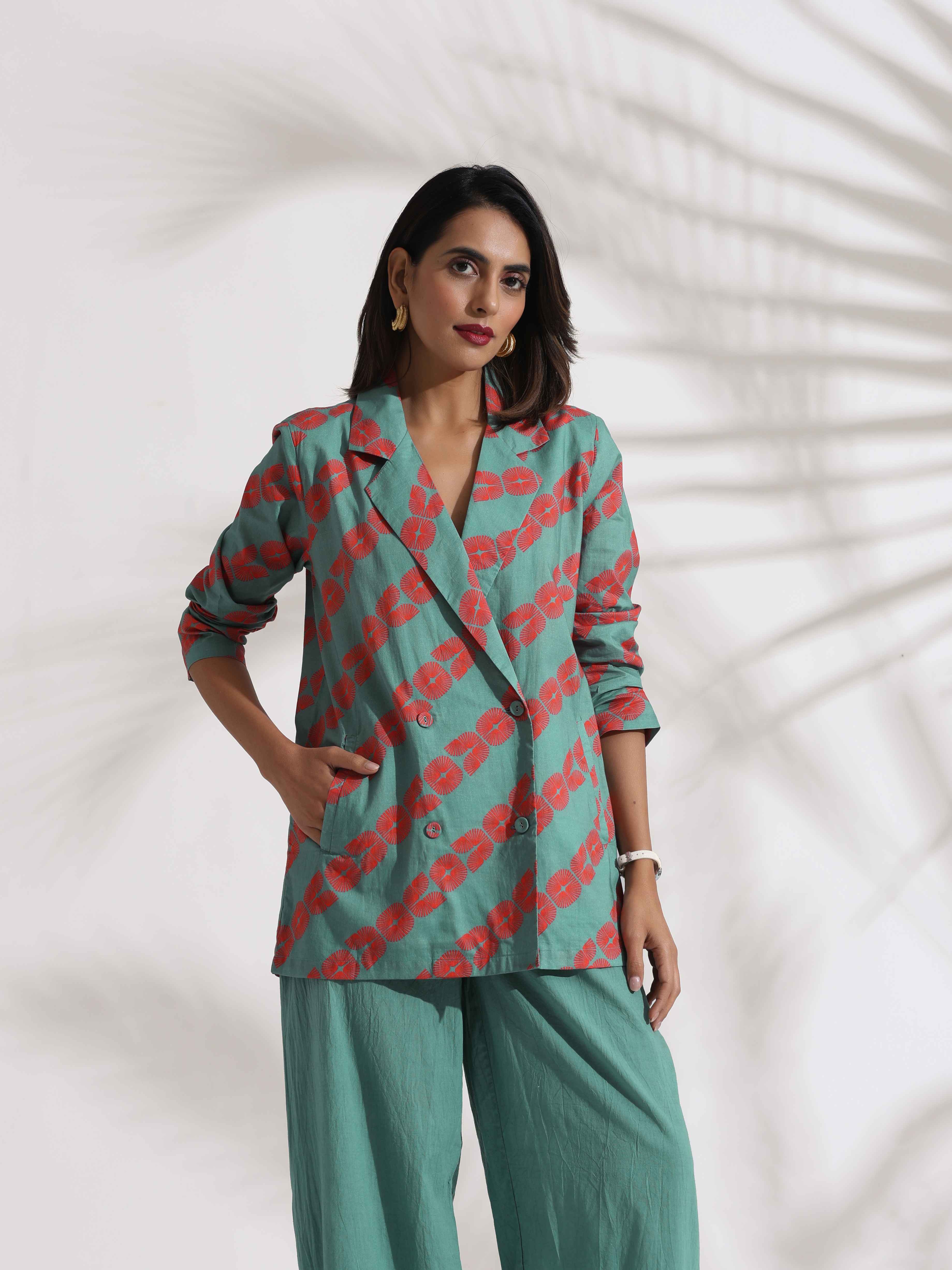trueBrowns Green Cotton Print Jacket Top Co-ord Set