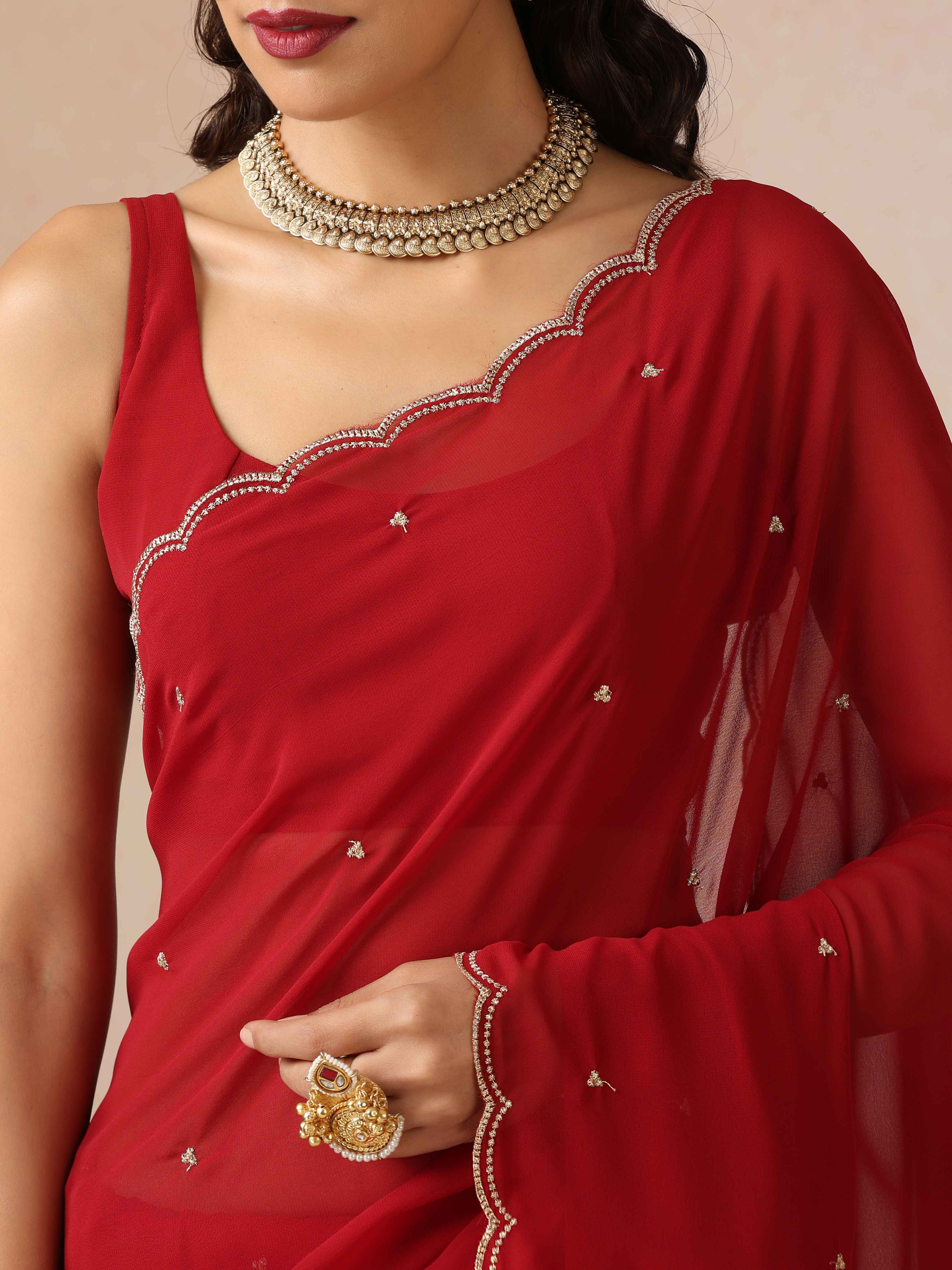trueBrowns Maroon Georgette Embroidered Saree With unstitched Blouse