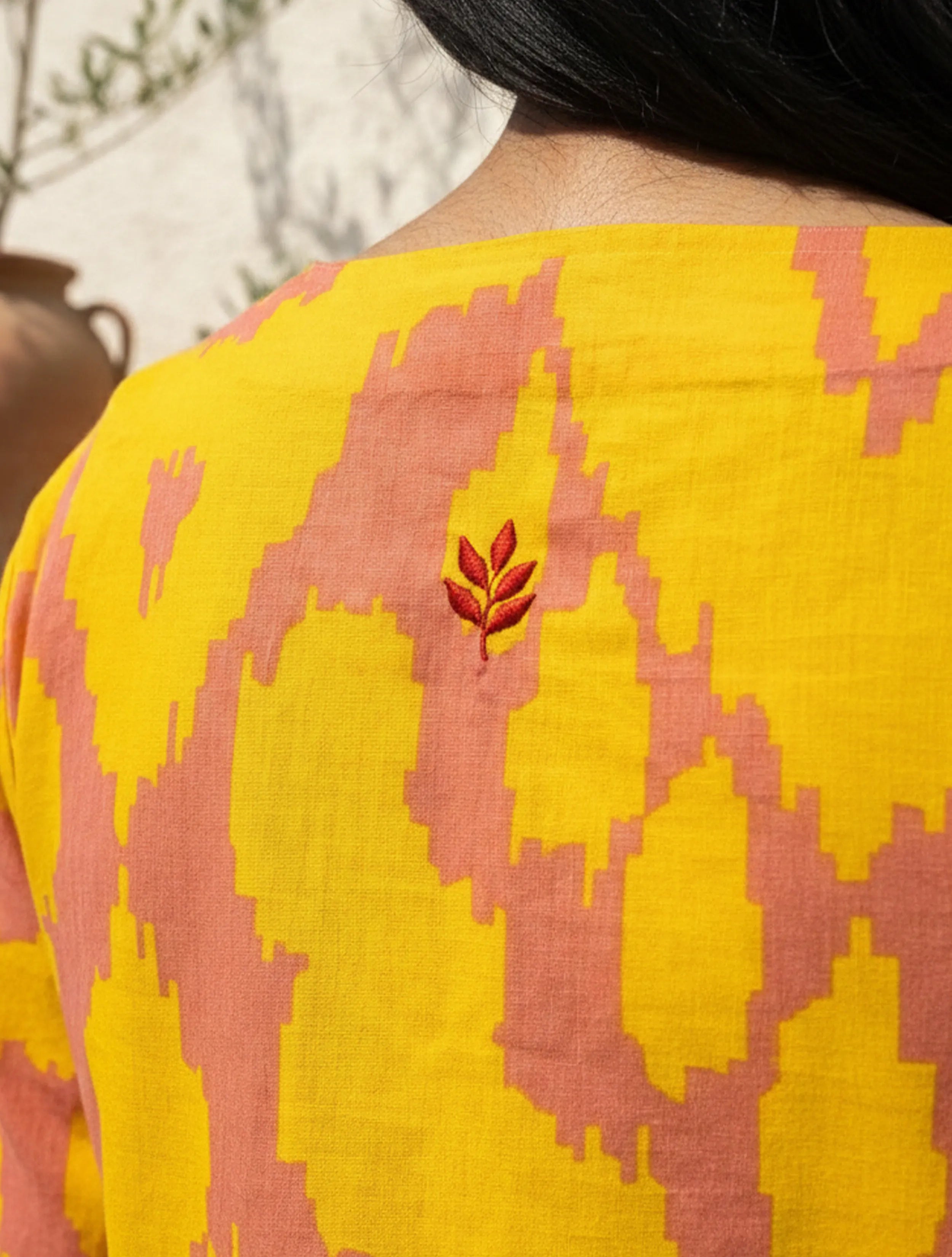 trueBrowns Yellow Peach Ikat Print Cotton Straight Kurta Set