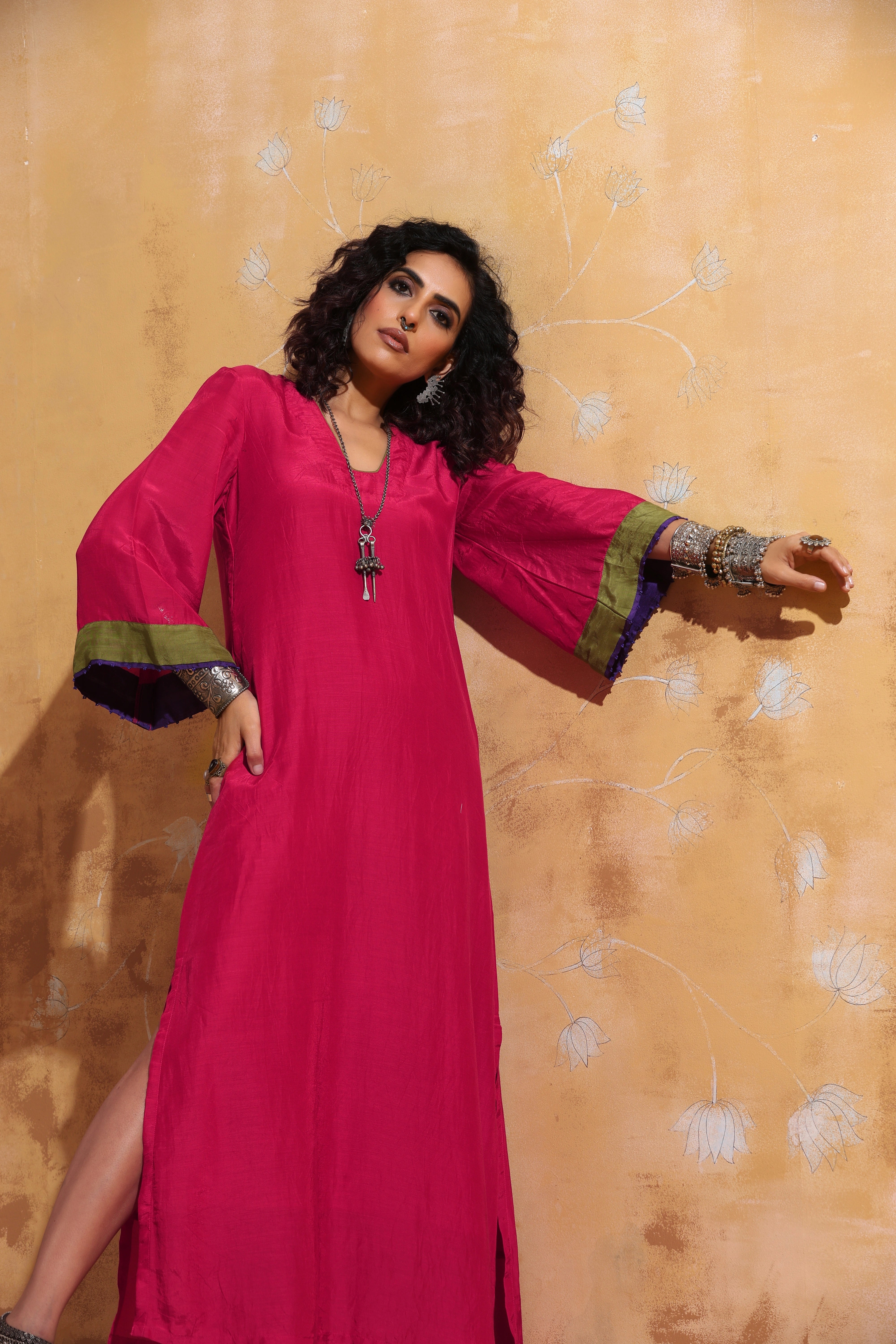 trueBrowns Pink Muslin Silk Straight Maxi Dress