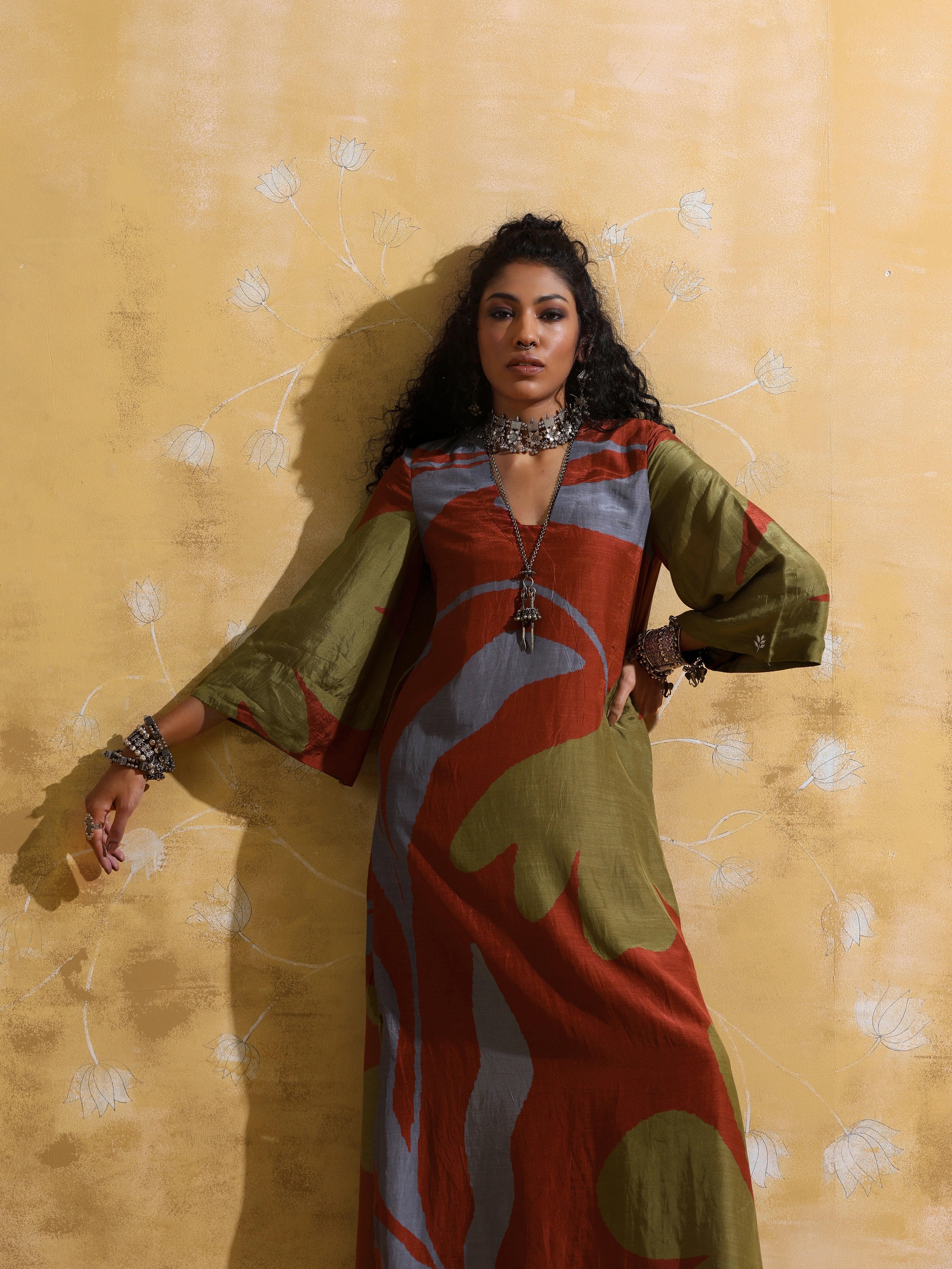 trueBrowns Rust Red Green Floral Print Muslin Silk Straight Maxi Dress