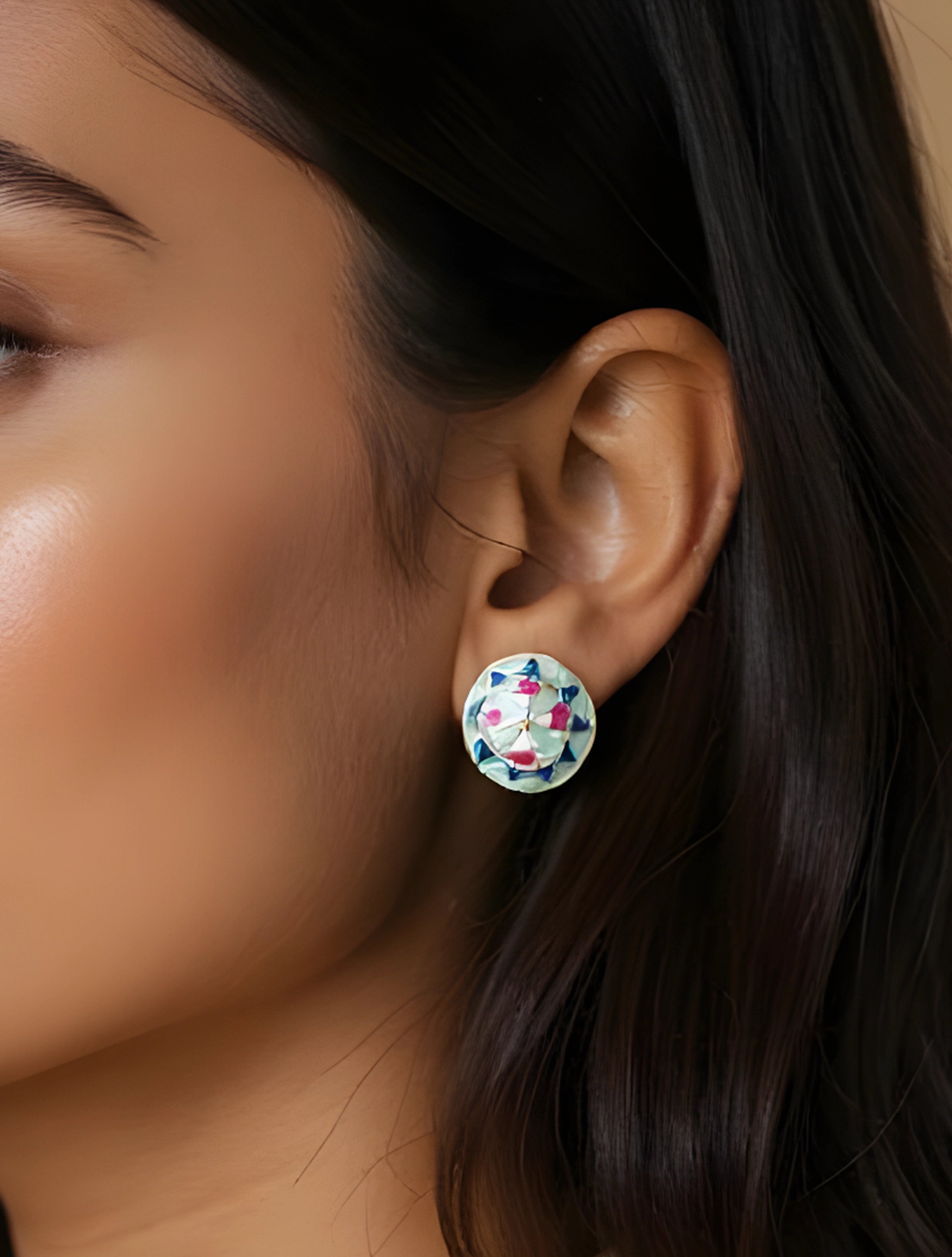 trueBrowns Pink Round Enamel Stud Earrings