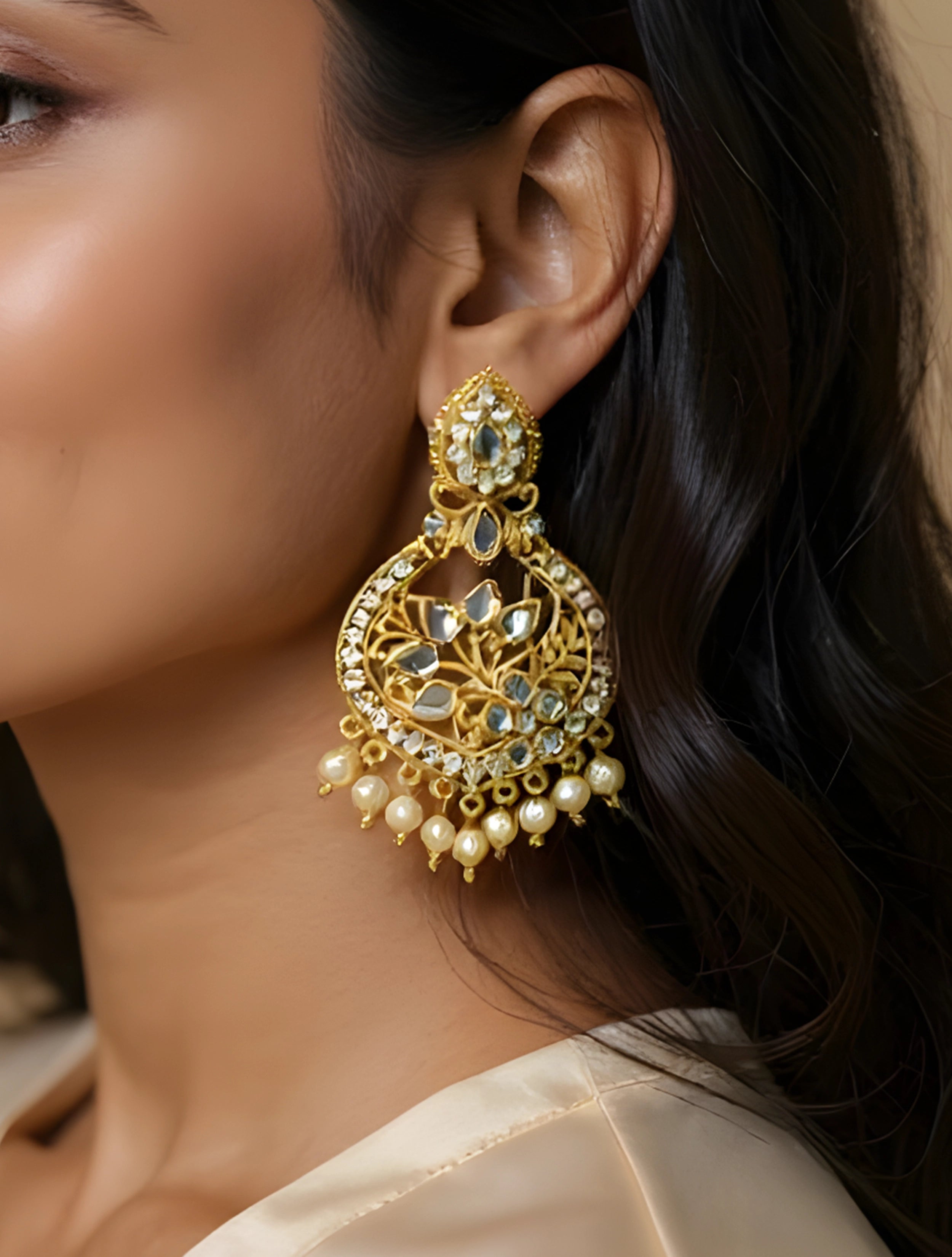 trueBrowns Mirror And Pearl Chandbali Earrings