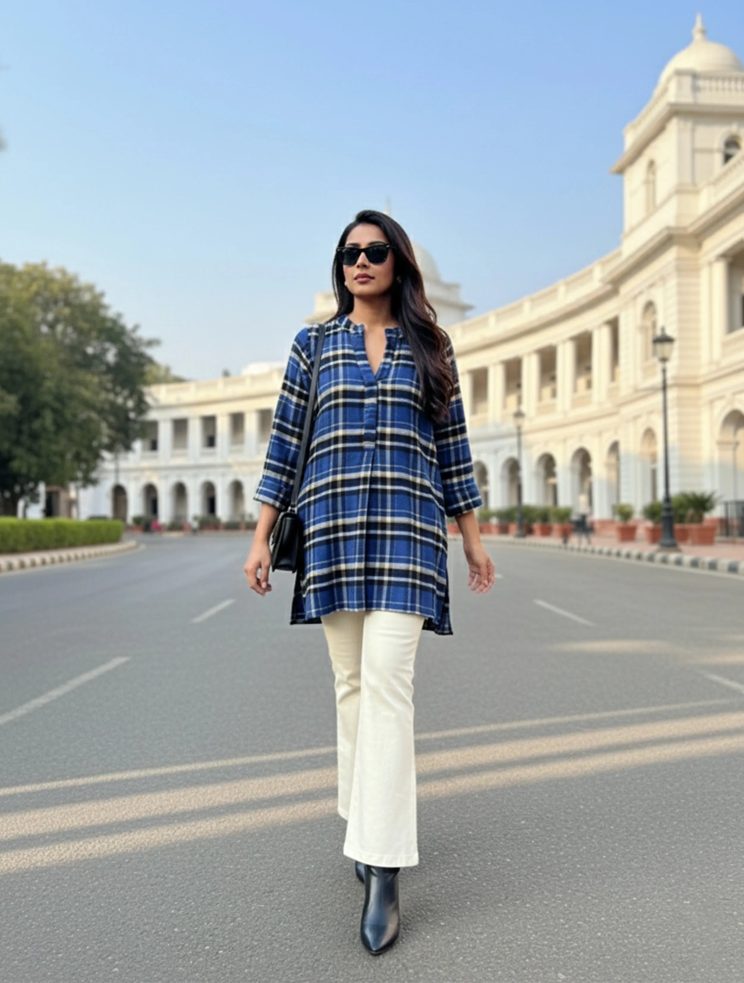 trueBrowns Blue Check Round V-Neck Woollen Top