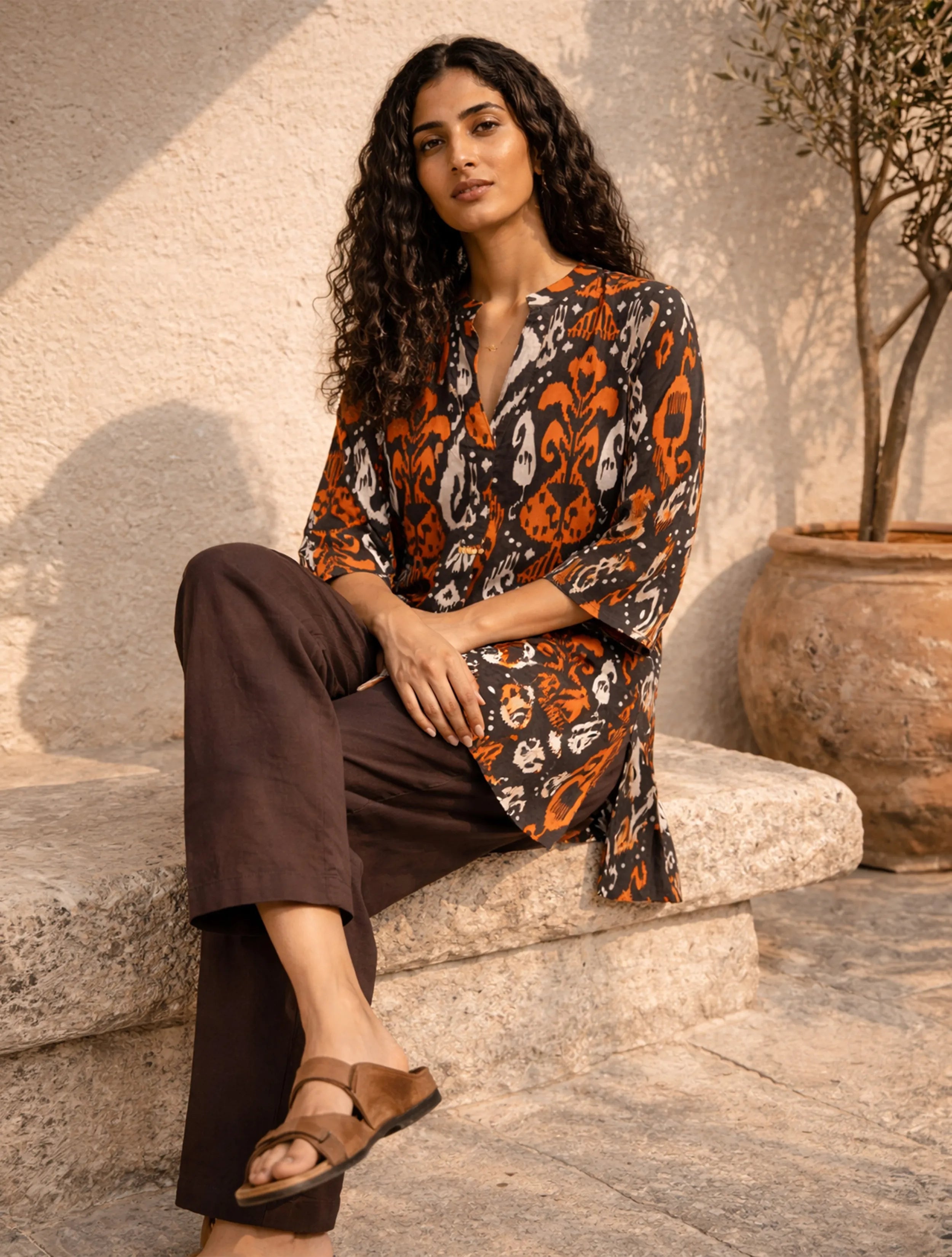 trueBrowns Cola Orange Ikat Print Cotton Co-Ord Set