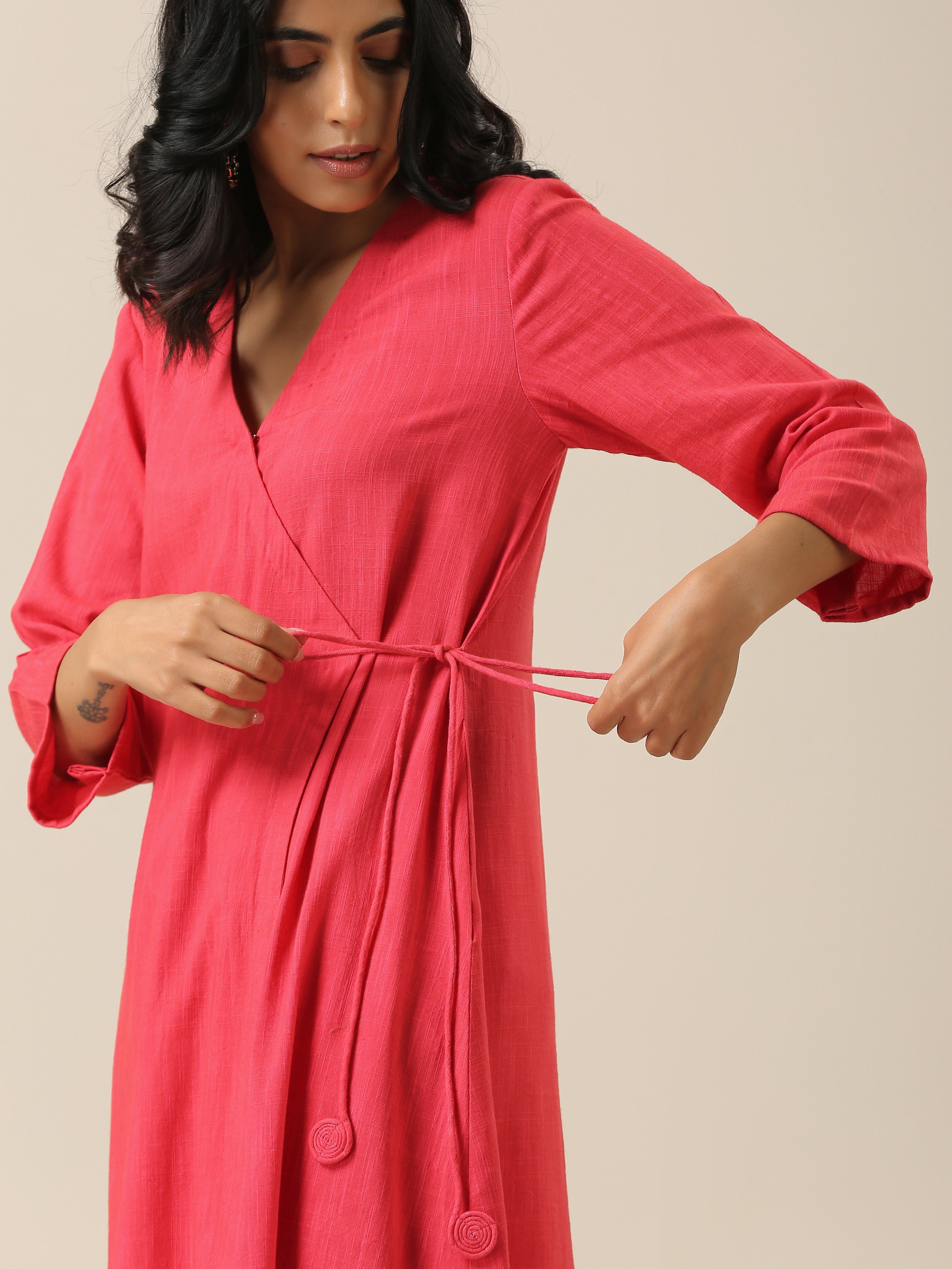 Bright Pink Slub Texture Angrakha Pant Set