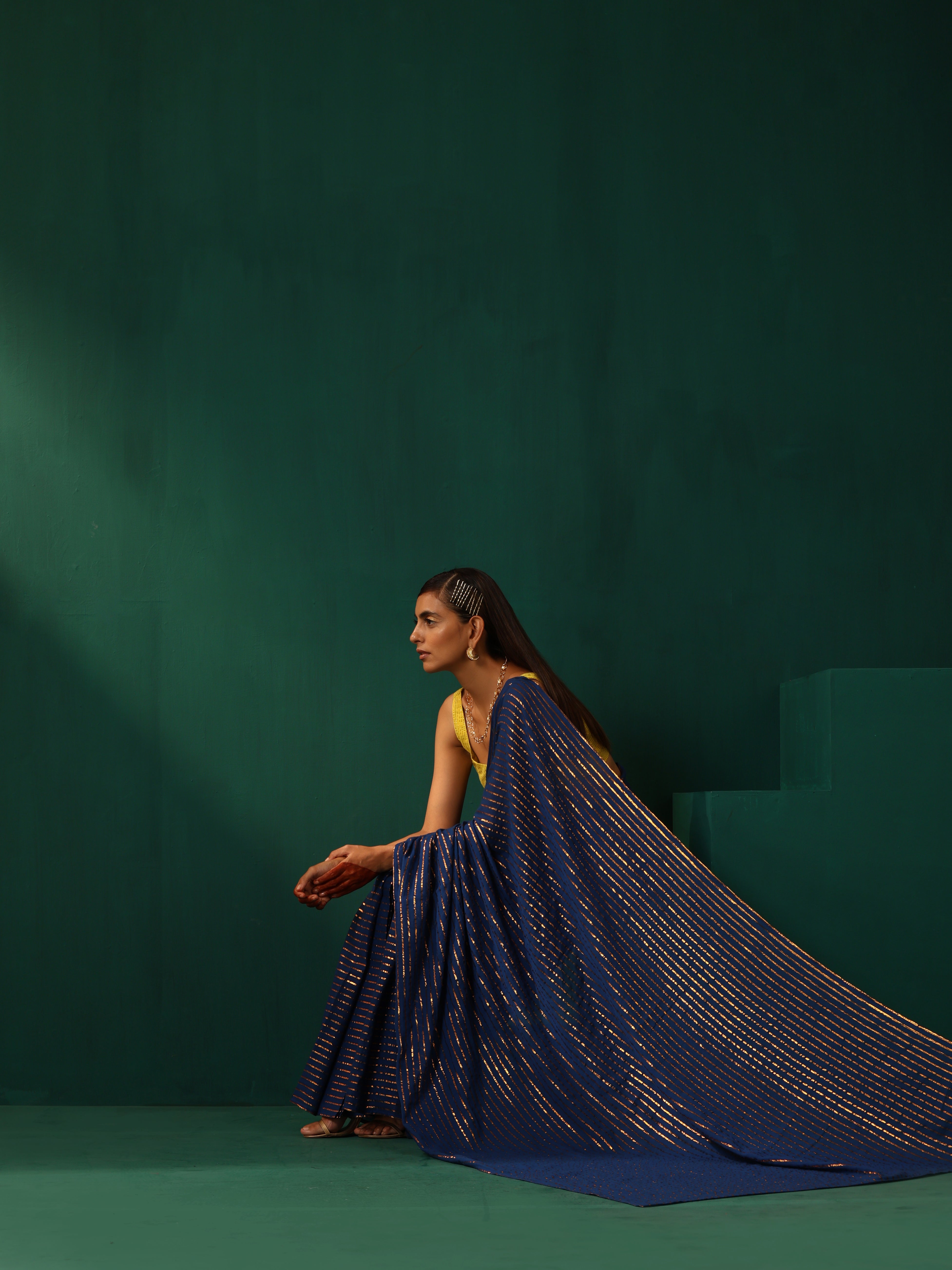 trueBrowns Royal Blue Cotton Gold Striped Ready To Wear Saree