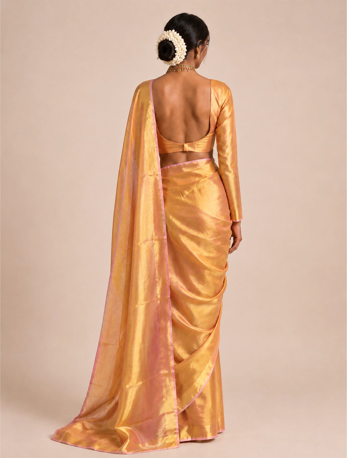 trueBrowns Gold Tissue Handloom Saree With Unstitched Blouse