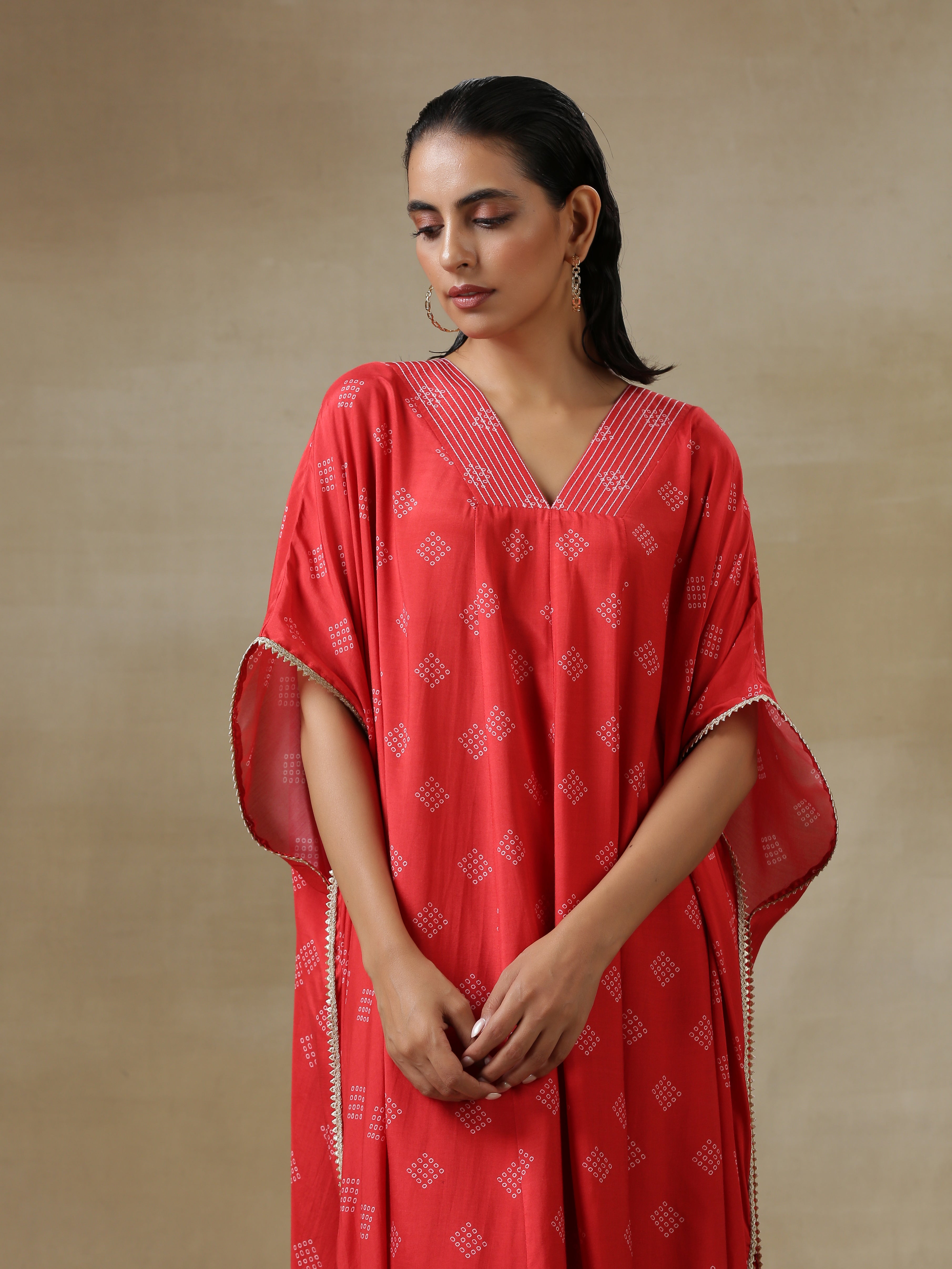 Red Bandhani Printed Silk Panel Kaftan Kurta Pant Set