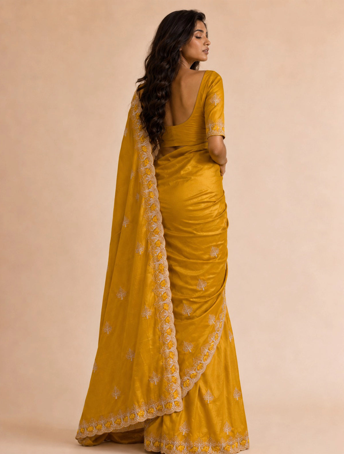 trueBrowns Mustard Paan Embroidered Silk Blend Saree With Unstitched Blouse