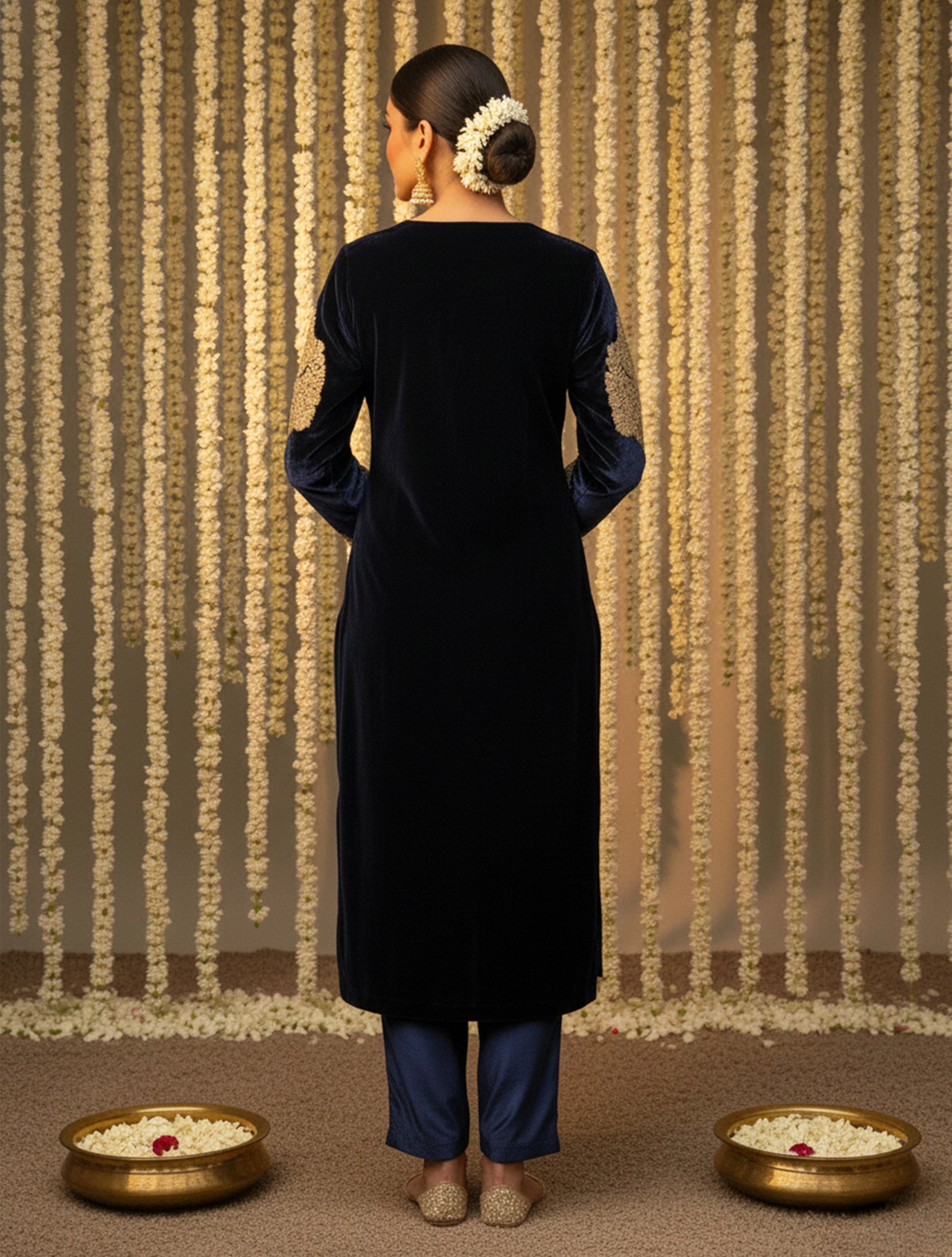 trueBrowns Navy Velvet Embroidered Chogha Pants Dupatta Set