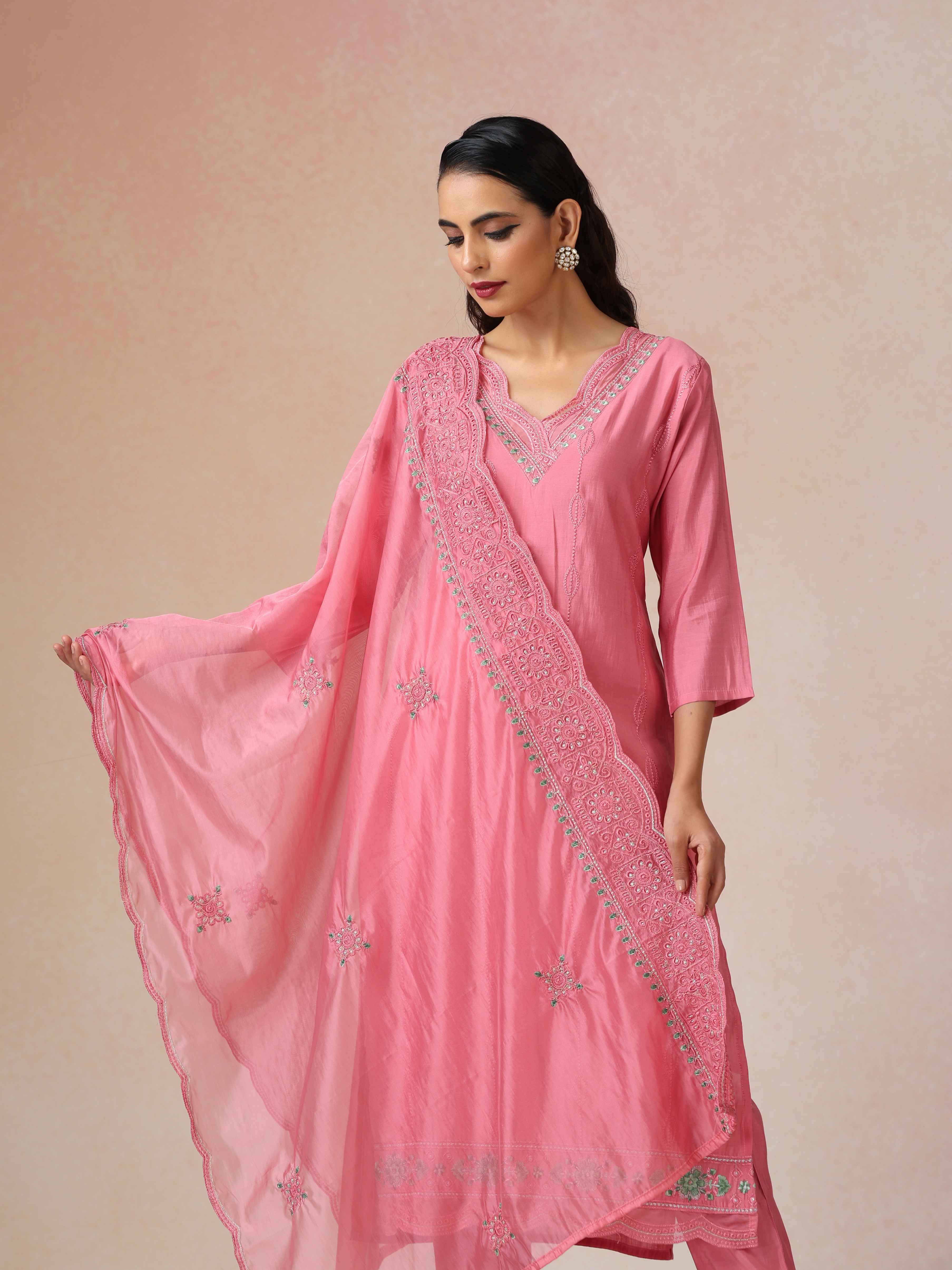 trueBrowns Pink Embroidered Kurta Pant Dupatta Set