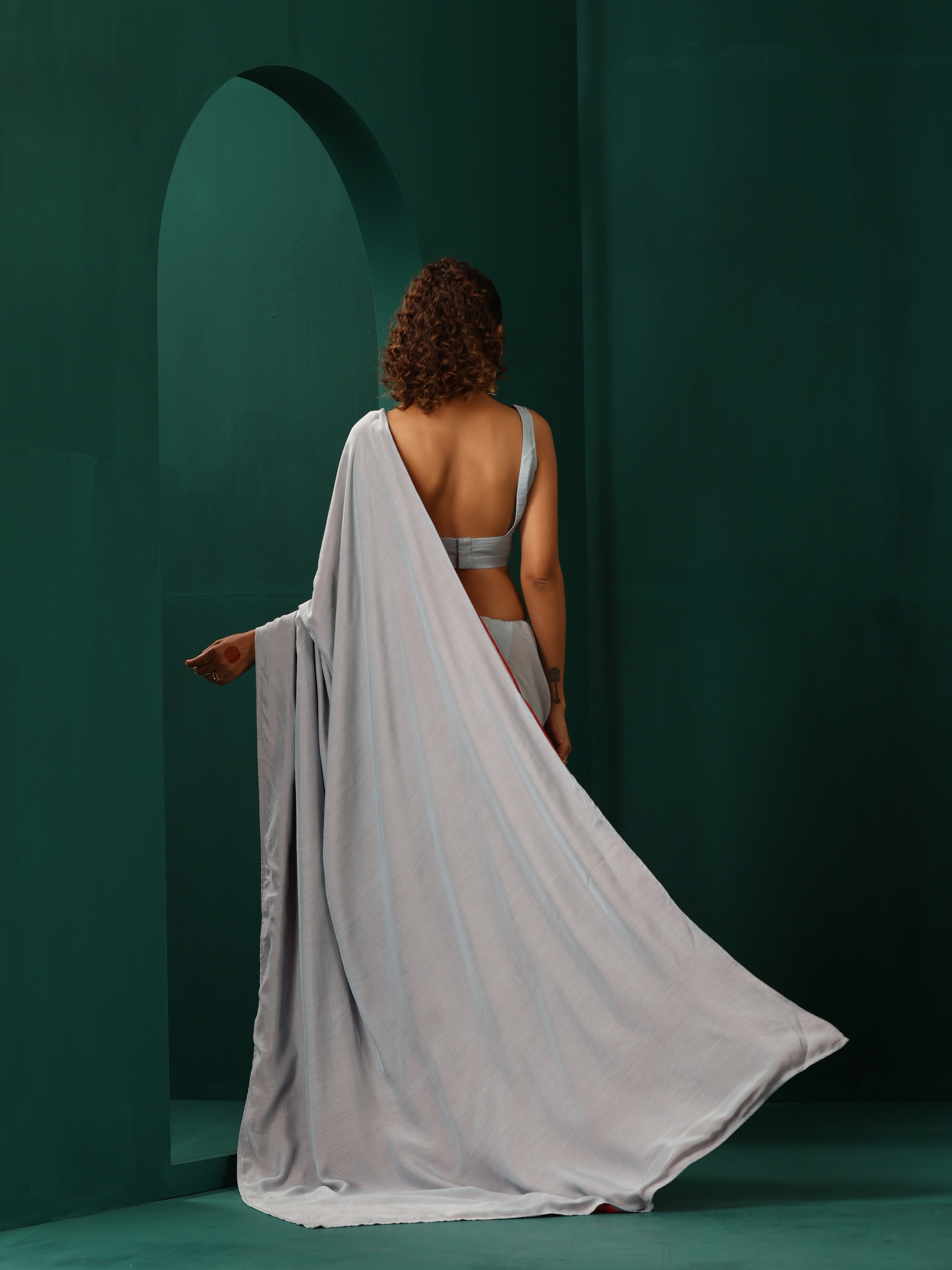 trueBrowns Powder Blue Muslin Silk Pre-Stitched Saree