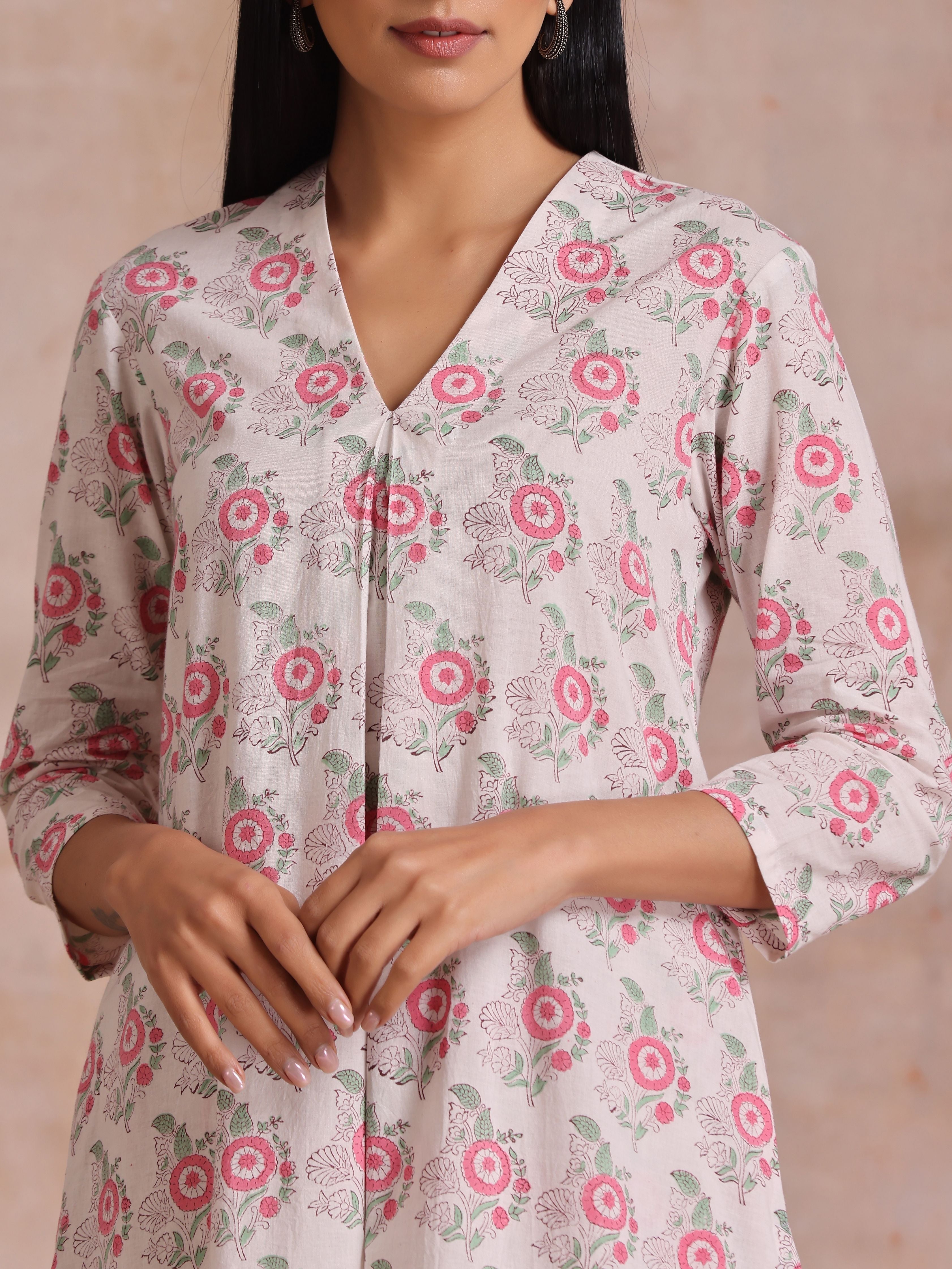 Pink Green Buta On White Block Print Cotton Slit Kurta Pant Set