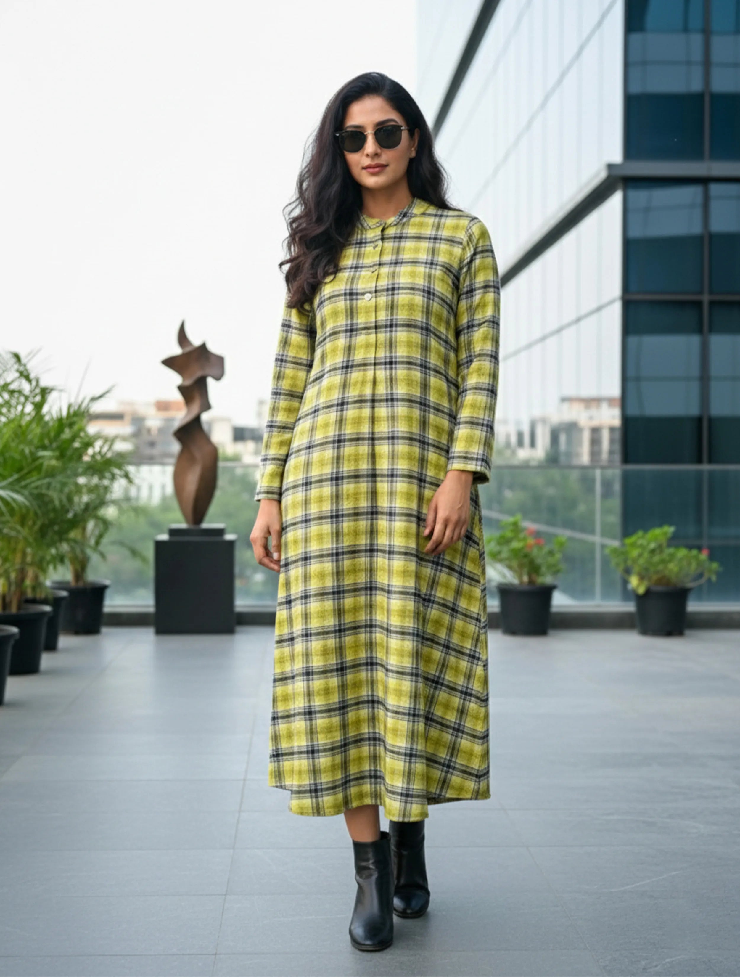 trueBrowns Lime Check Woollen Dress