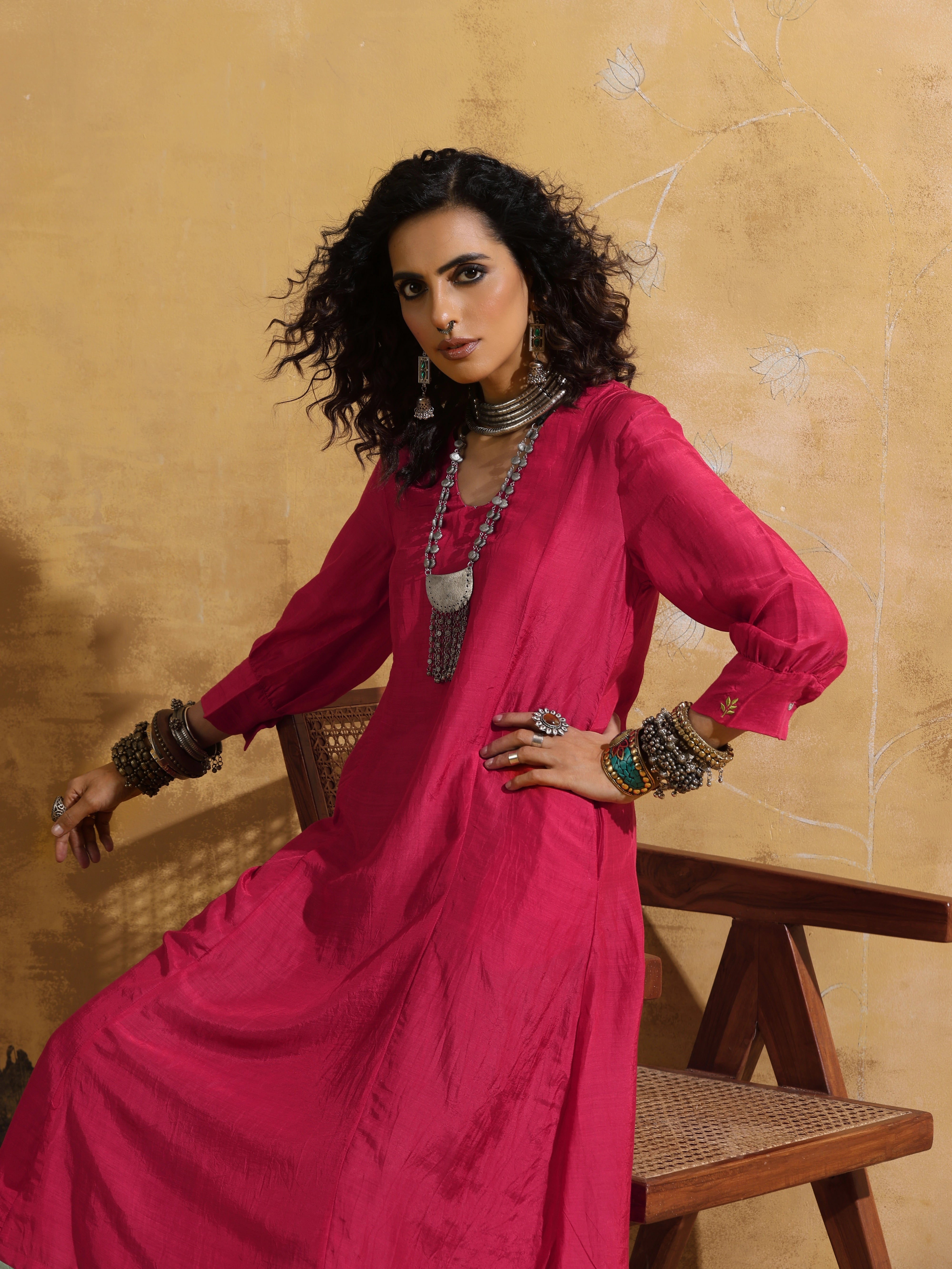 trueBrowns Pink Muslin Silk A-line Kurta Pant Set