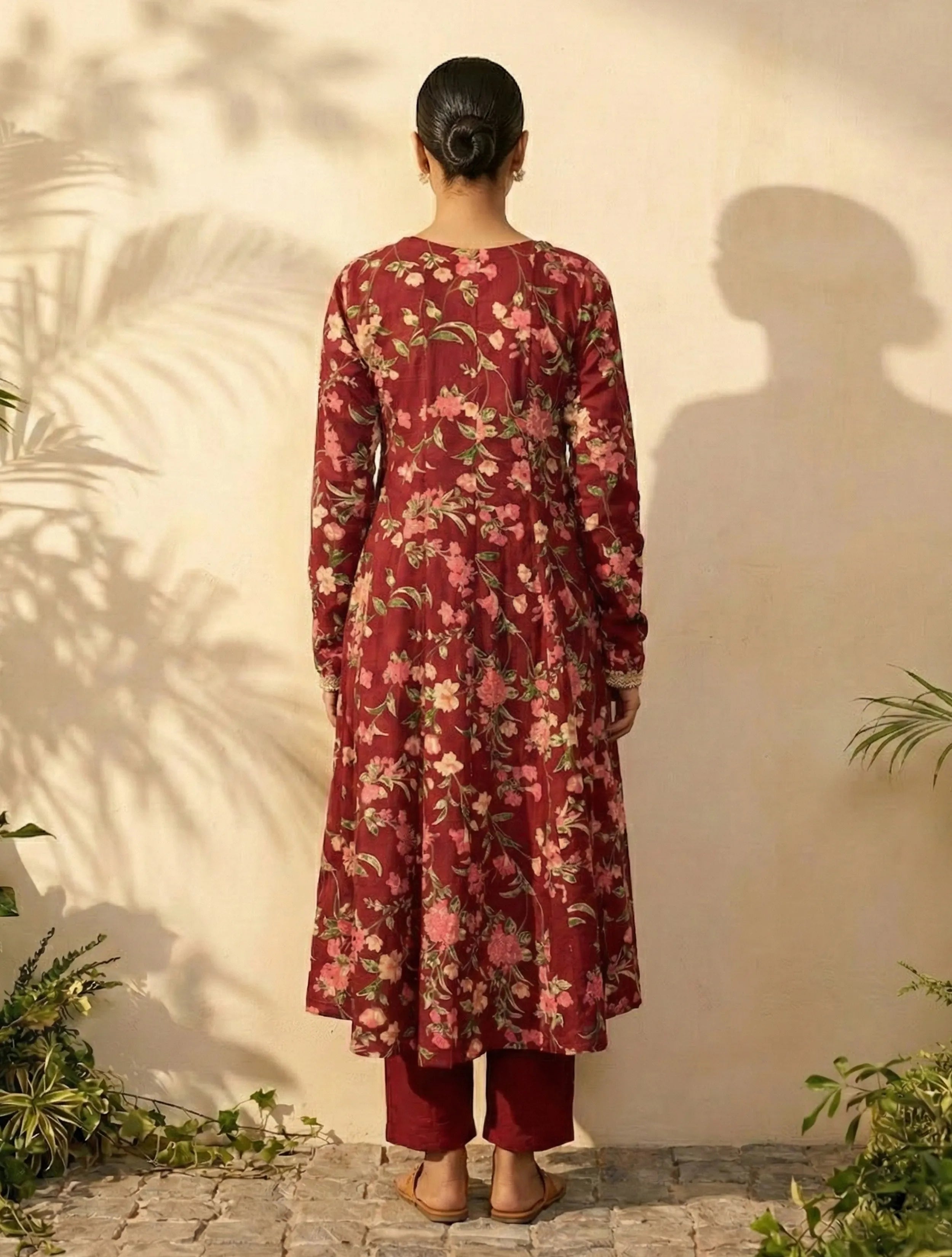 trueBrowns Maroon Floral Print V-Neck Anarkali Kurta Pant Dupatta Set