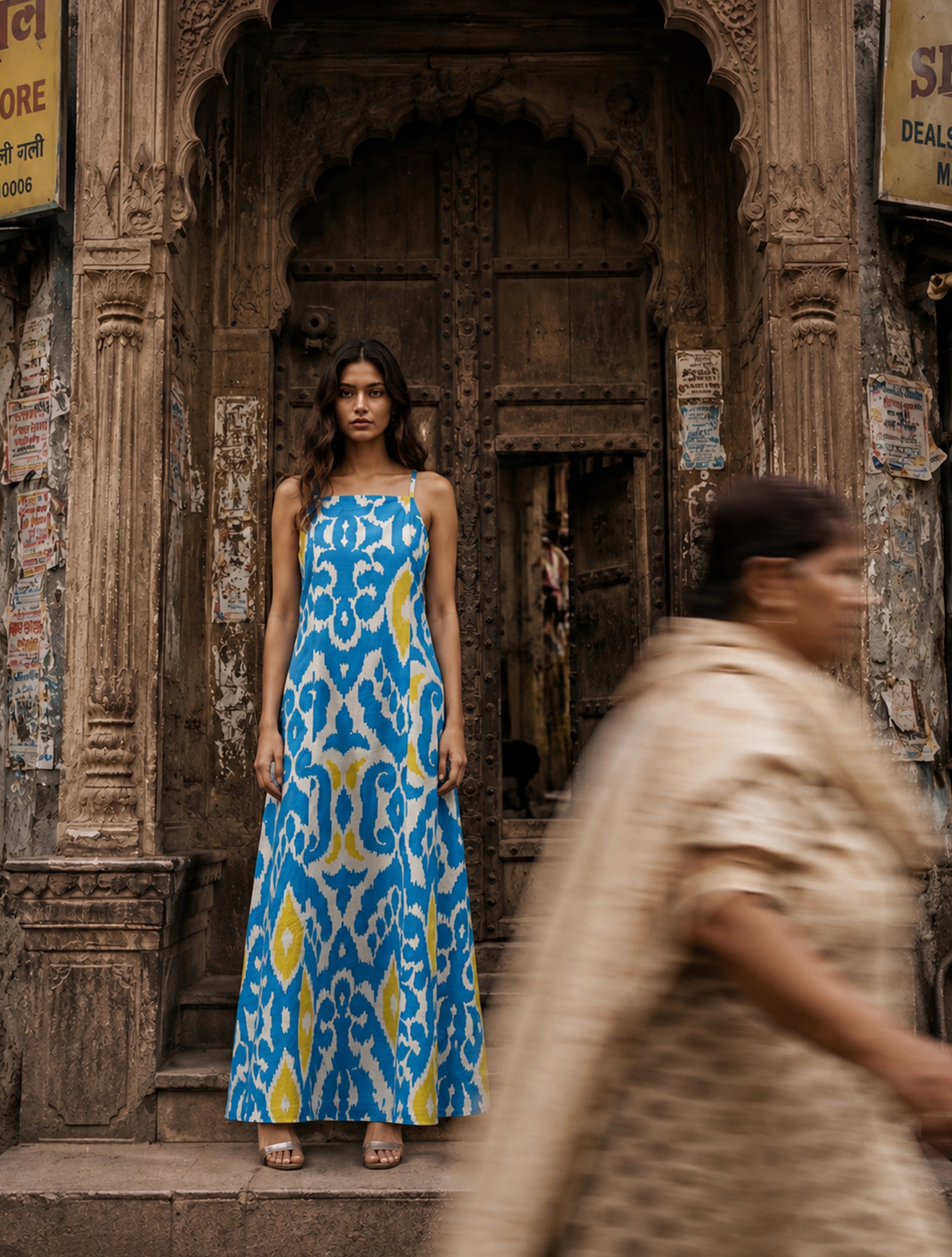 trueBrowns Blue Ikat Print Cotton Strappy Maxi Dress