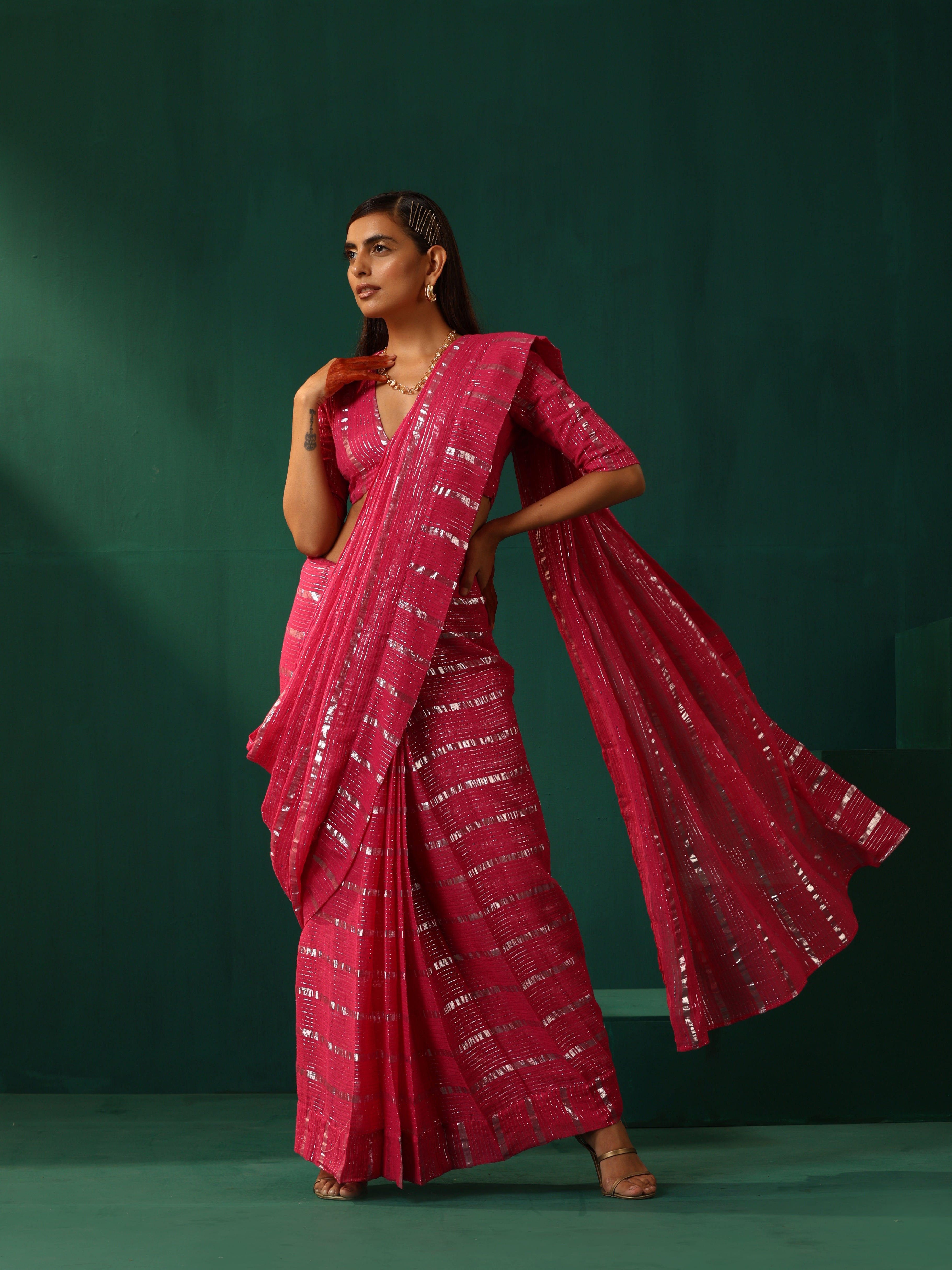 trueBrowns Rani Pink Cotton Silver Lurex Deep V-Neck Blouse