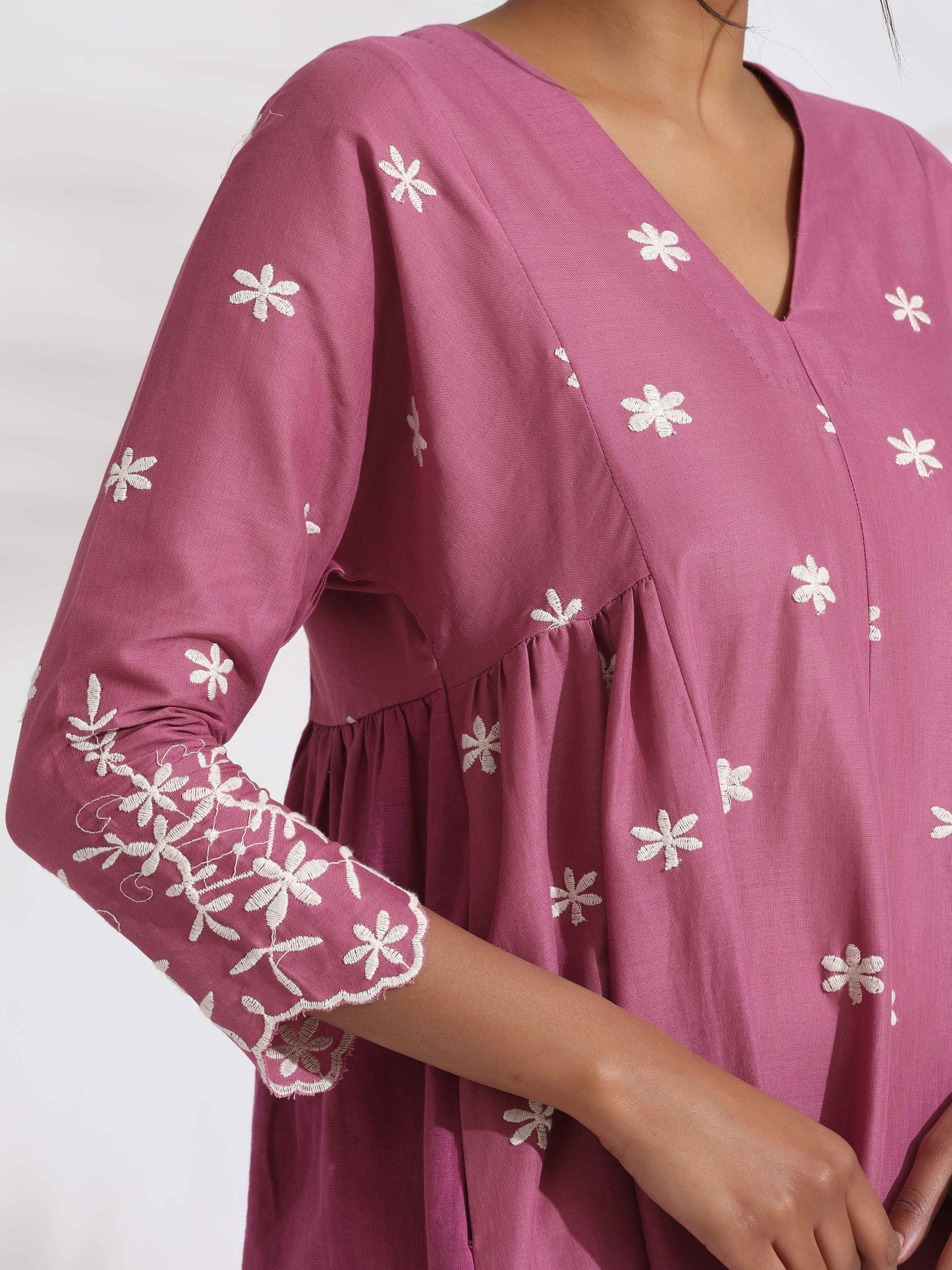 trueBrowns Pink Cotton Floral Embroidered Flared Kurta Set