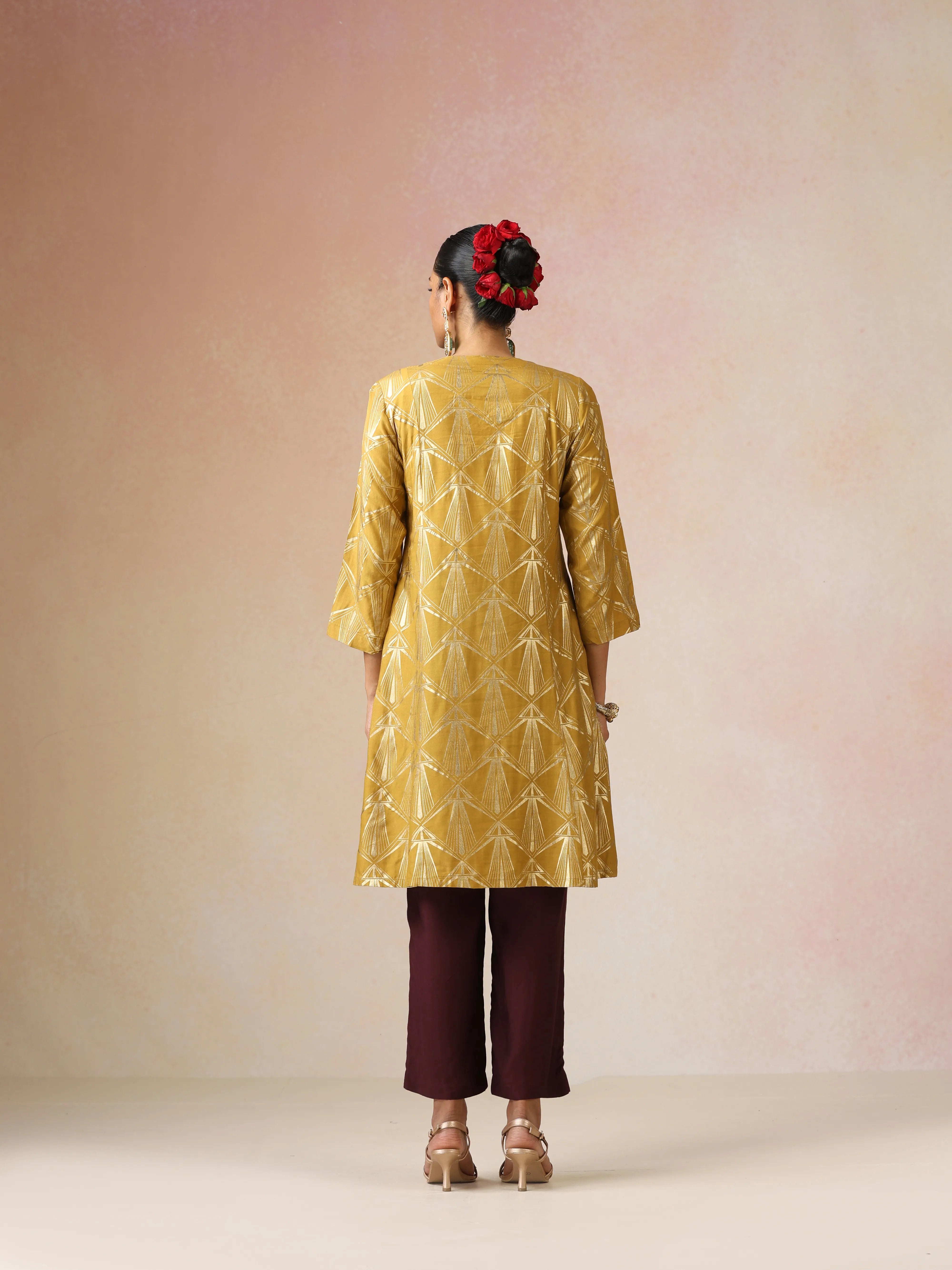 trueBrowns Mustard Gold Foil Print Muslin Silk Fit And Flared Kurta co-ord Set