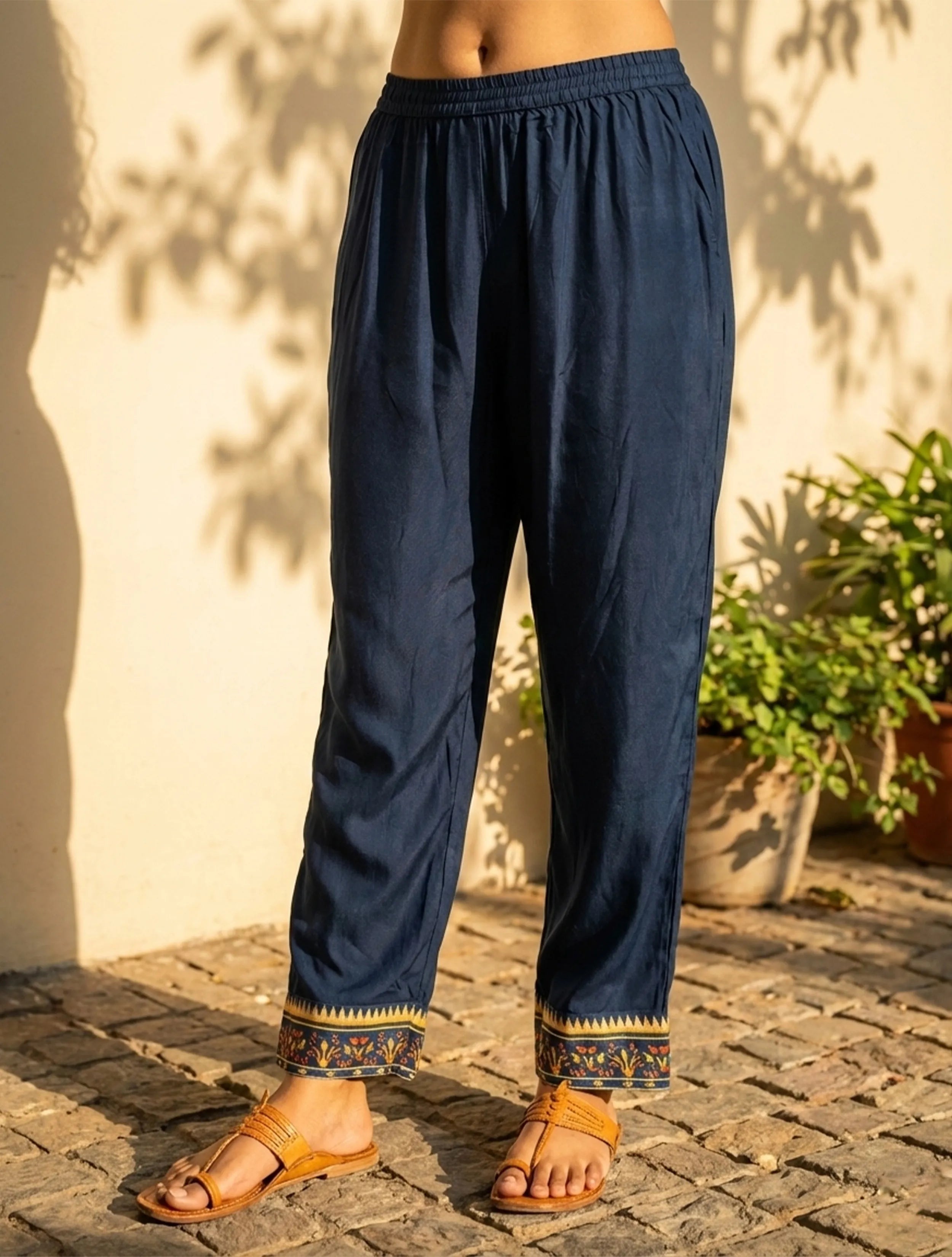 trueBrowns Blue Print Embroidered Straight Kurta Pant Dupatta Set