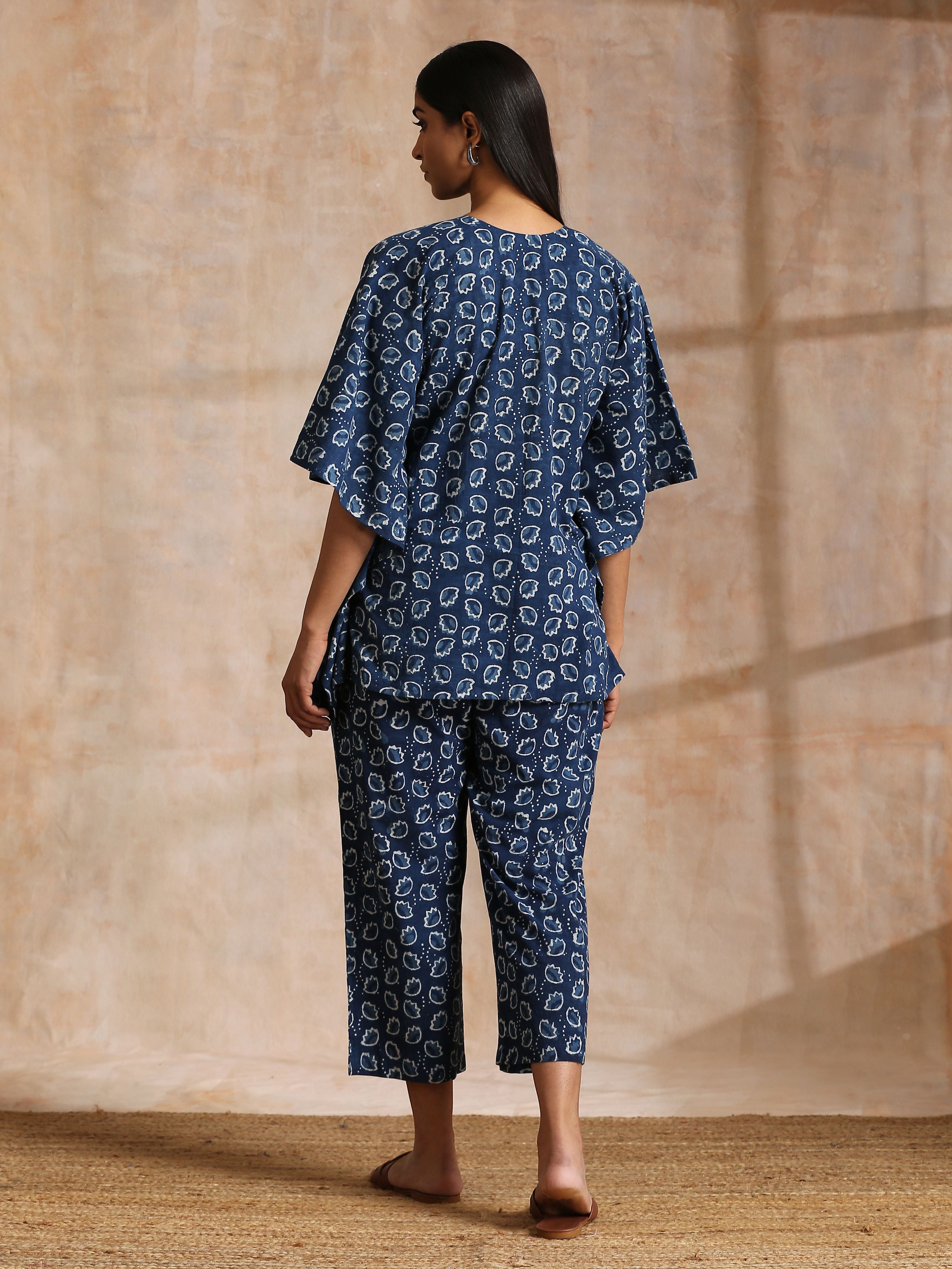 Indigo Dabu Floral Print Cotton Kaftan Co-Ord Set