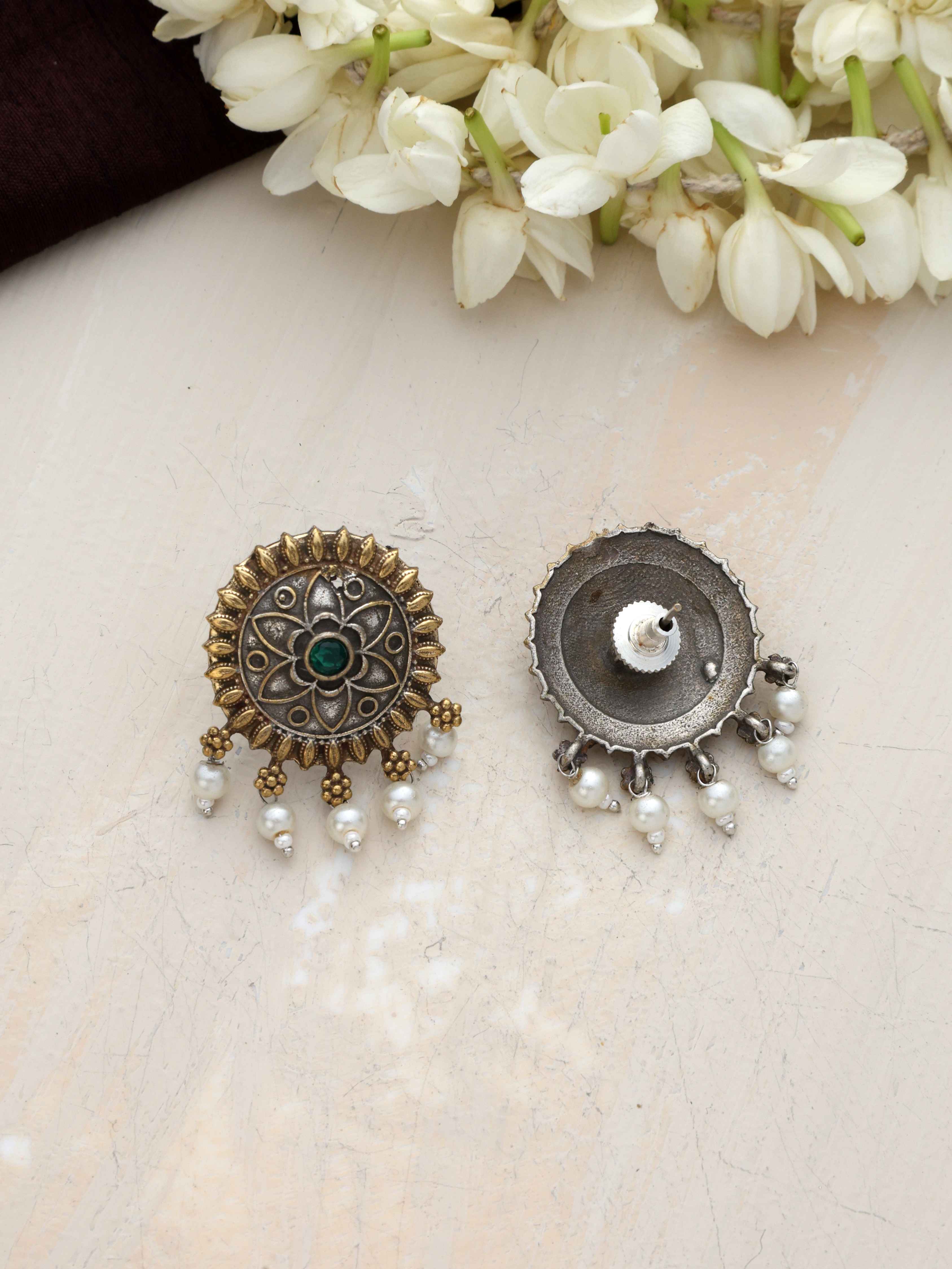trueBrowns Silver Gold Tone Floral Stud Earrings
