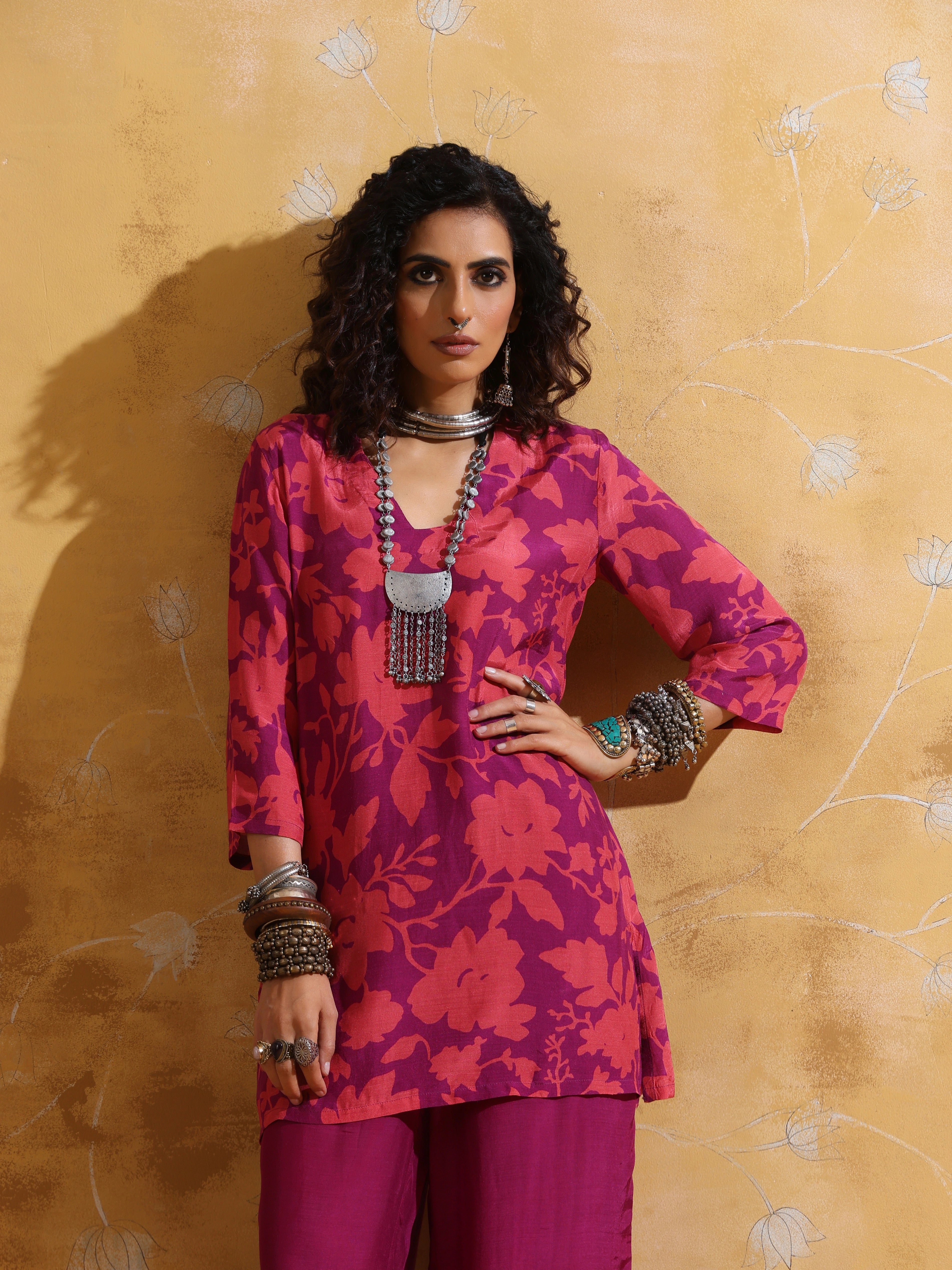 trueBrowns Purple Peach Jaal Print Muslin Silk Flared Pants Co-ord Set