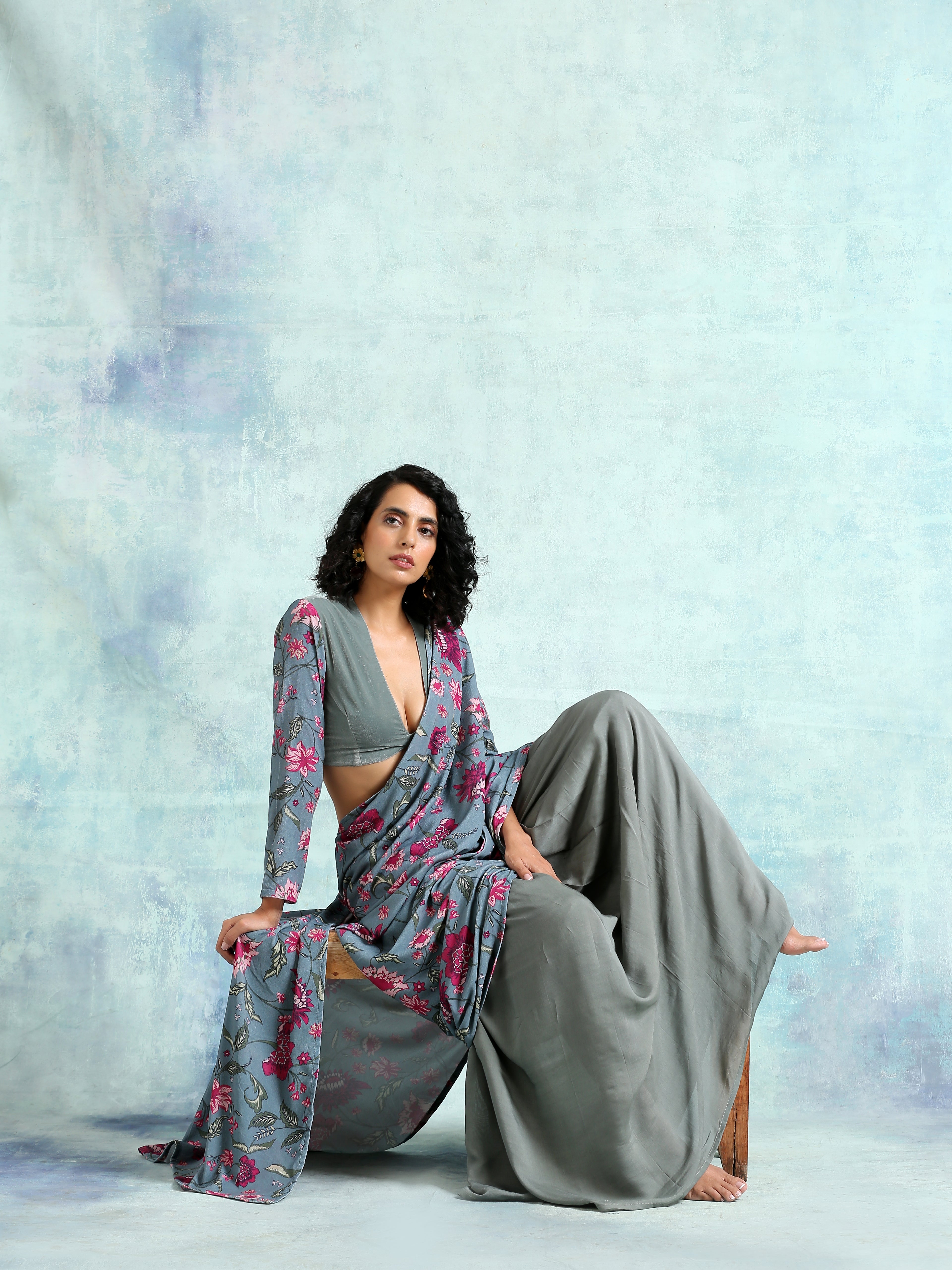 Grey Printed Velvet Ready To Wear Saree