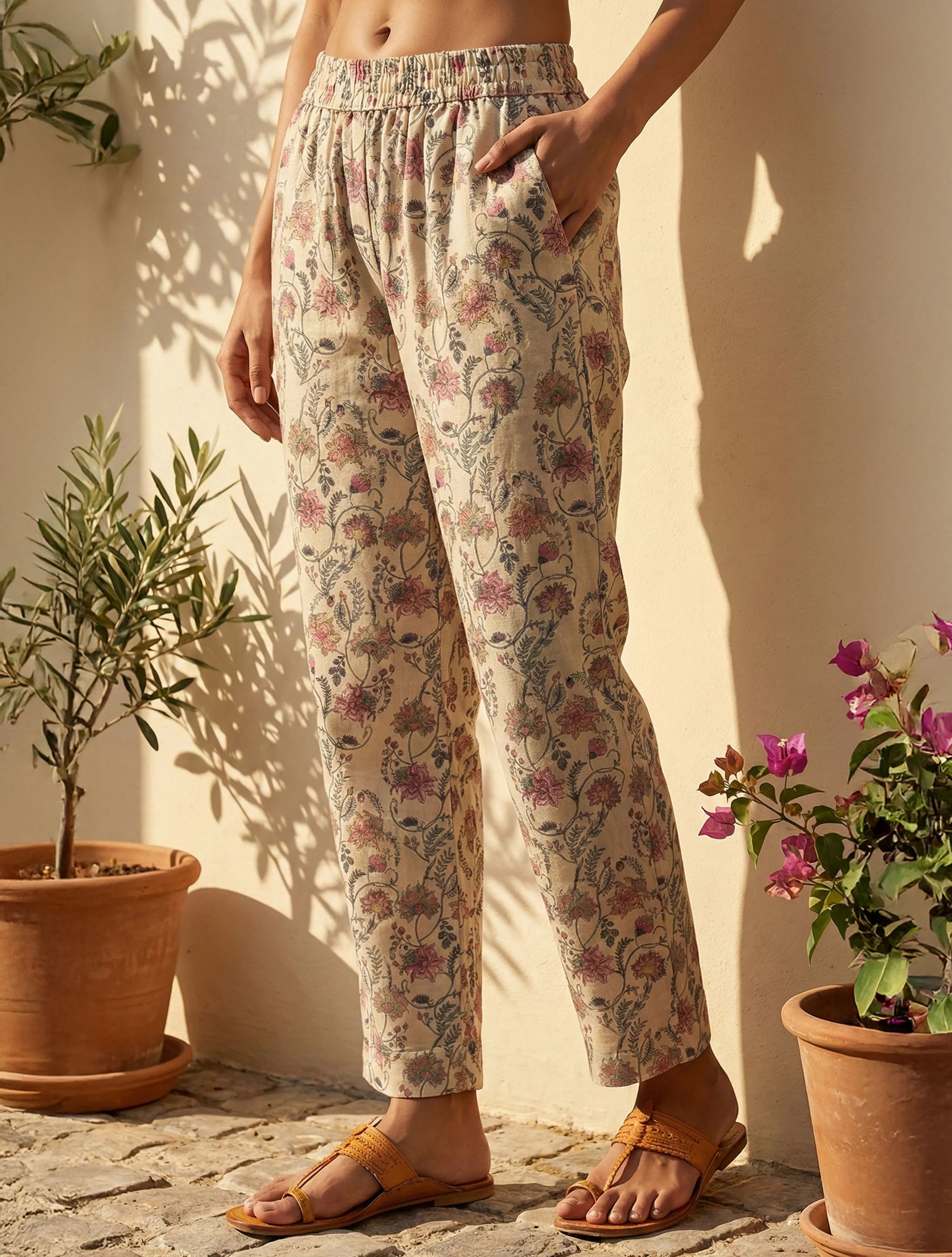 trueBrowns Ivory Floral Boota Print V-Neck Kurta Pant Set