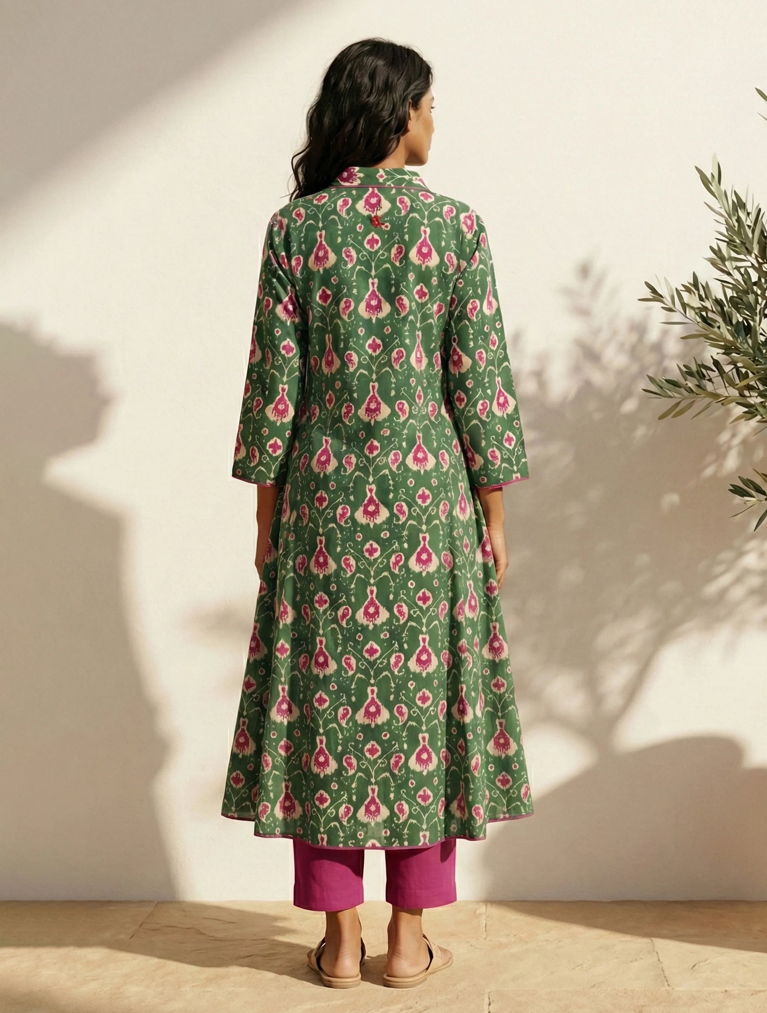trueBrowns Green Pink Ikat Print Cotton A-Line Kurta Set