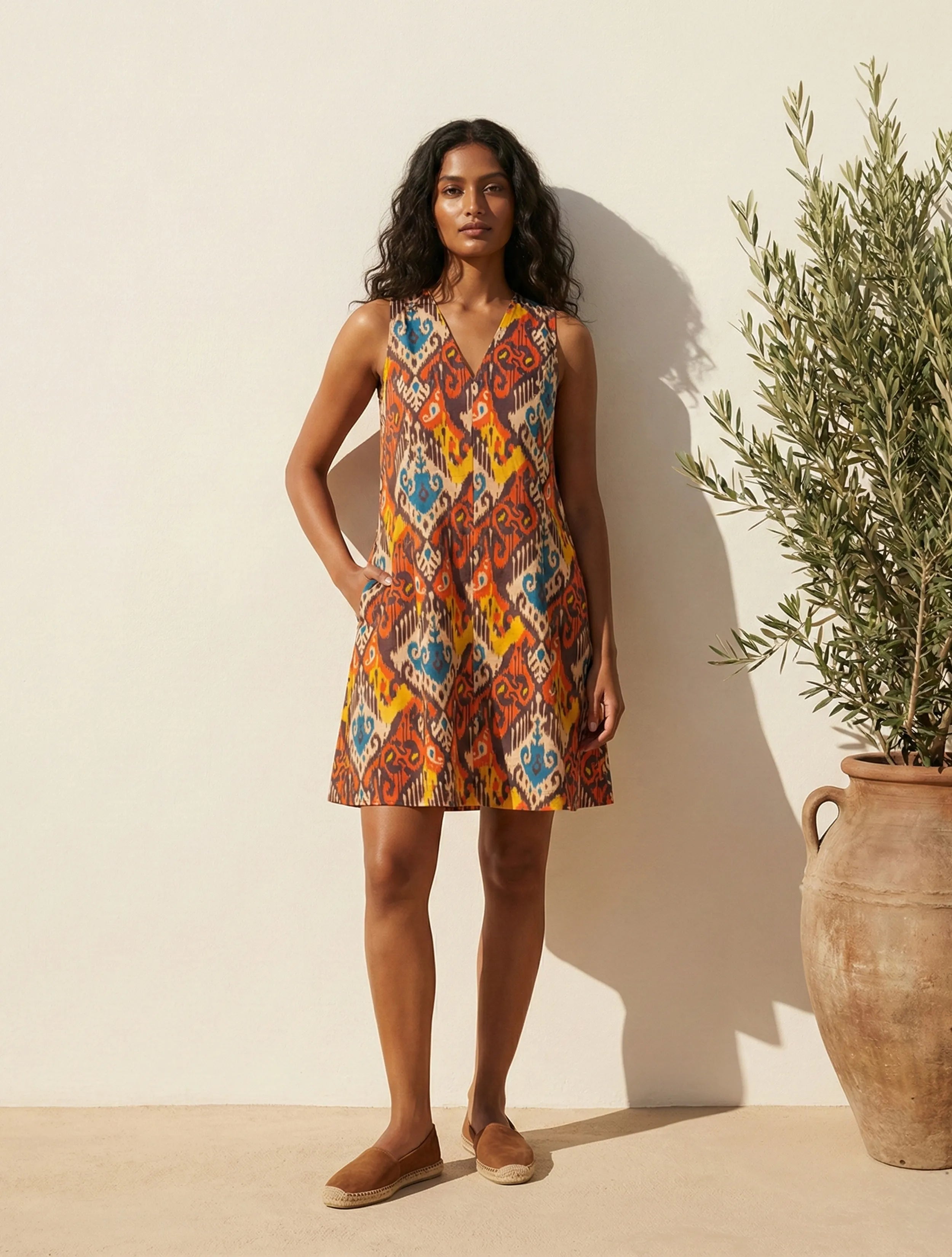trueBrowns Multicolour Ikat Print Cotton Poplin Sleeveless Short Dress