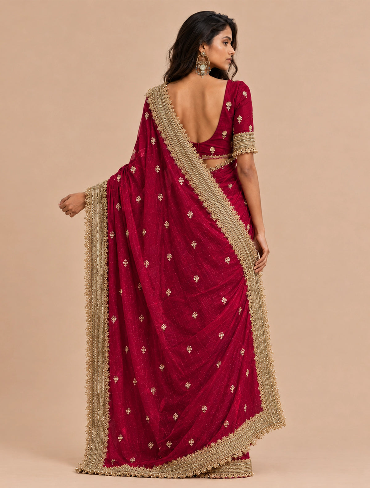 trueBrowns Maroon Embroidered Satin Tissue Saree With Unstitched Blouse