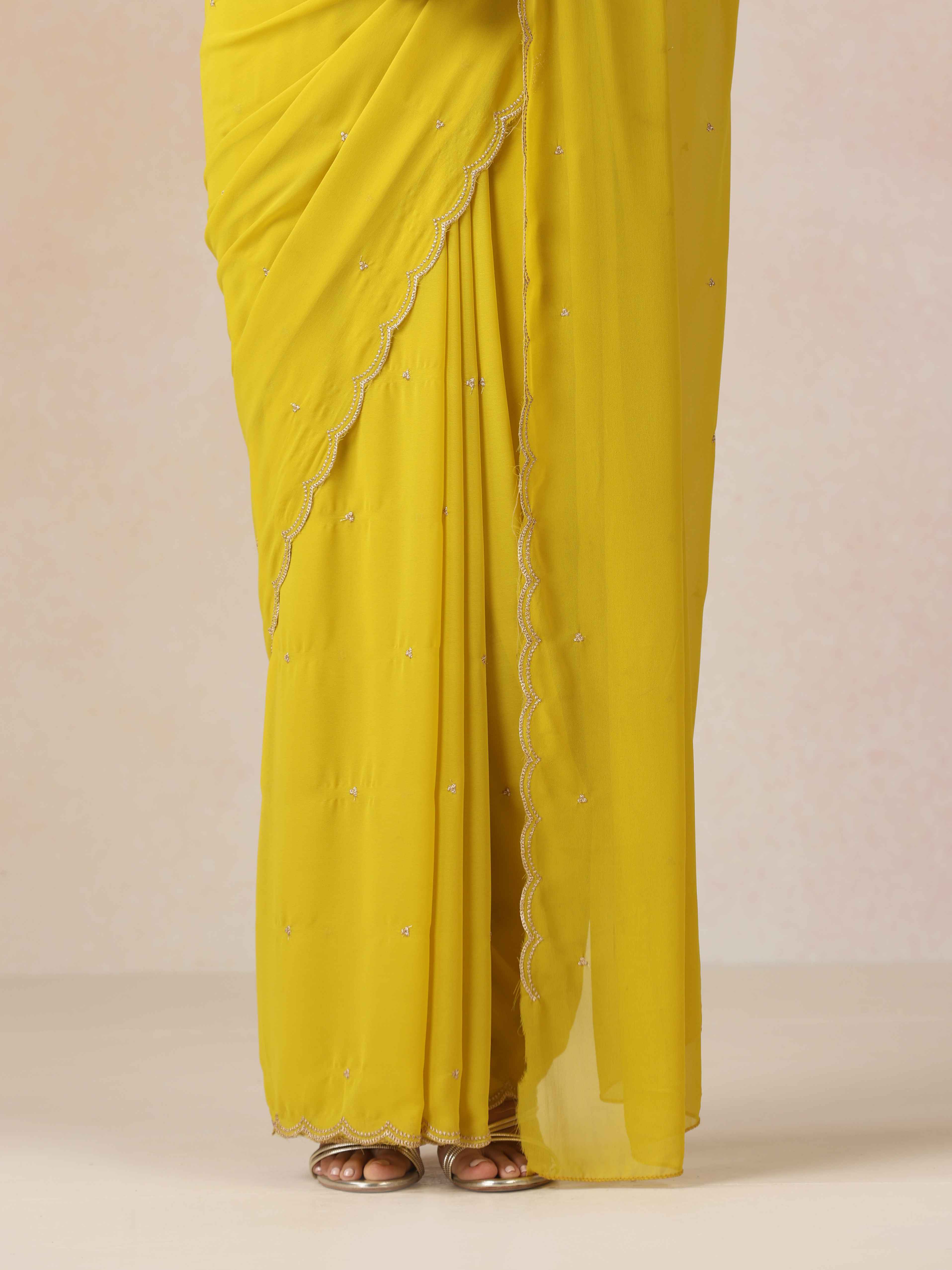 trueBrowns Lime Georgette Embroidered Saree With unstitched Blouse