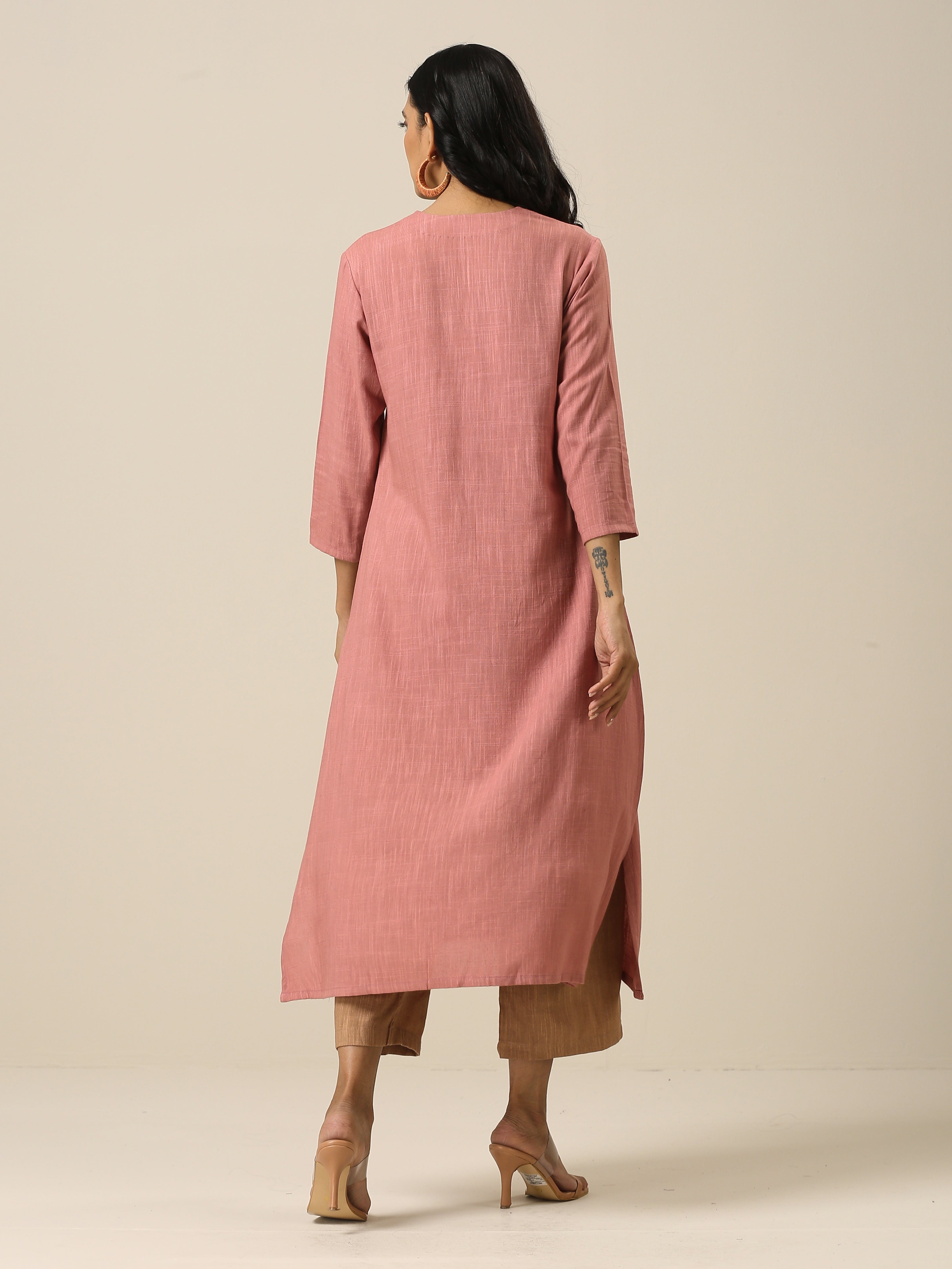 Light Mauve Slub Texture Neck Pleat Kurta Pant Set