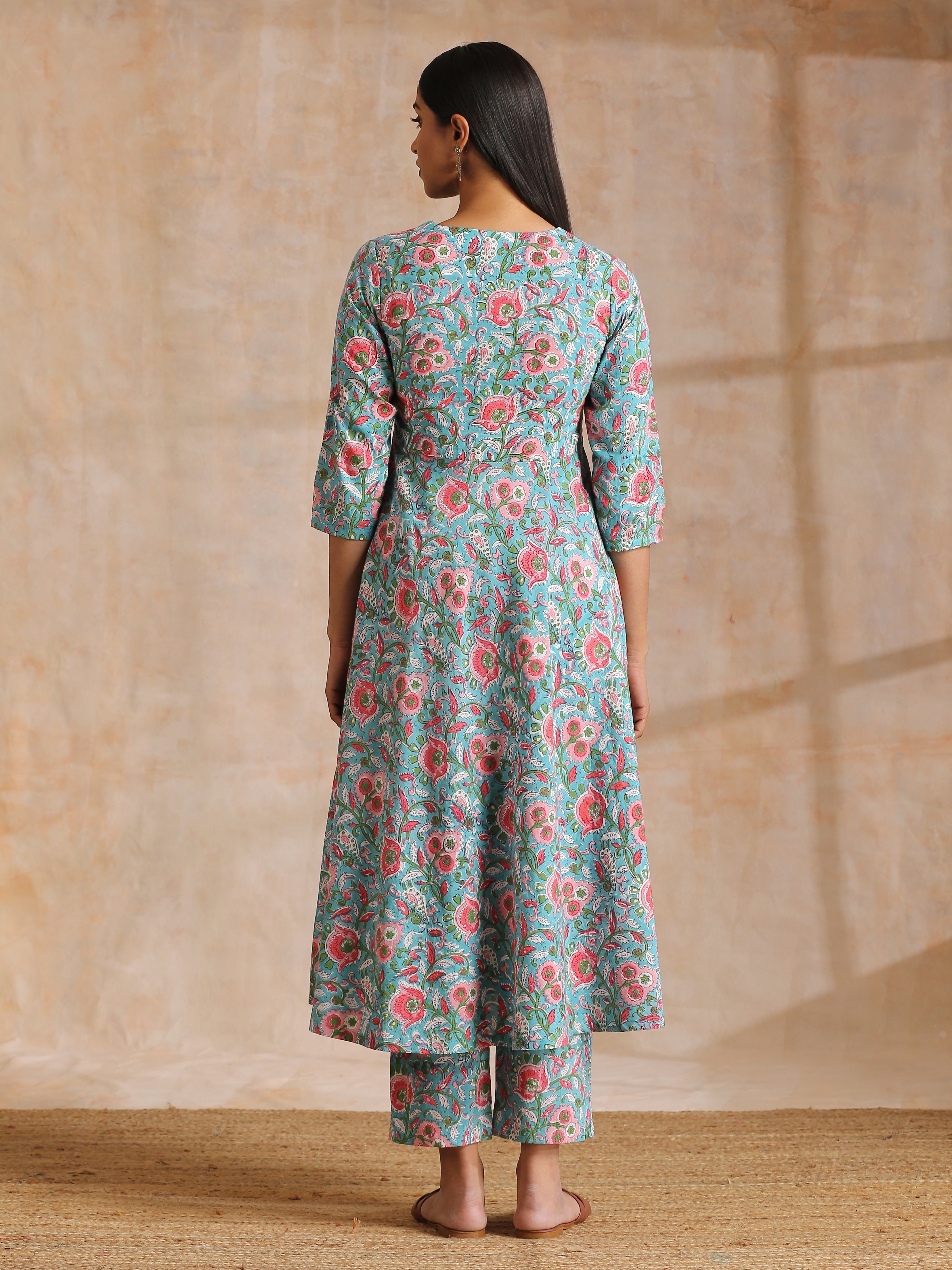 Turkish Blue Overall Floral Block Print Cotton Flared Kurta Pant Set