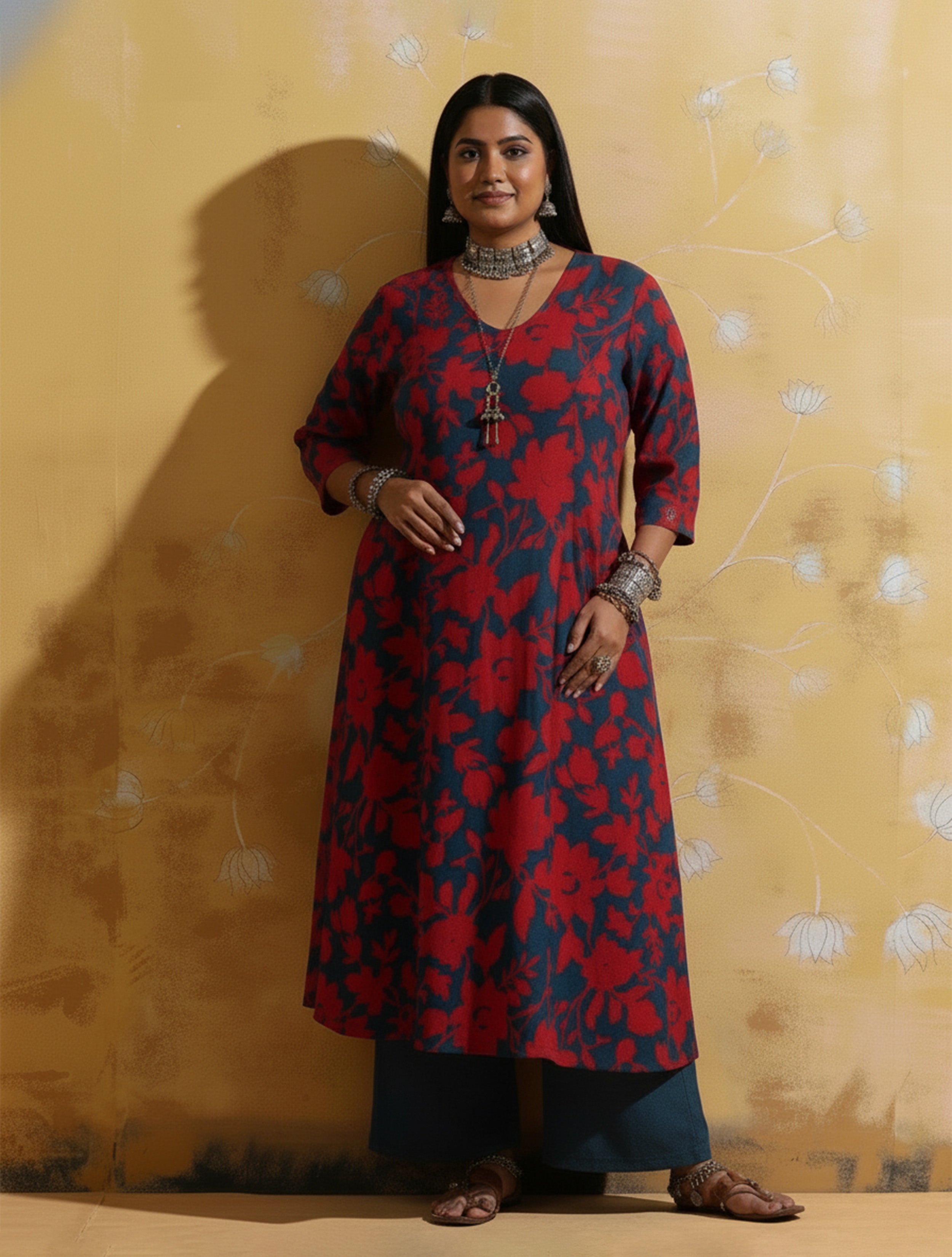trueBrowns Red Teal Jaal Print Muslin Silk A-Line Kurta Set